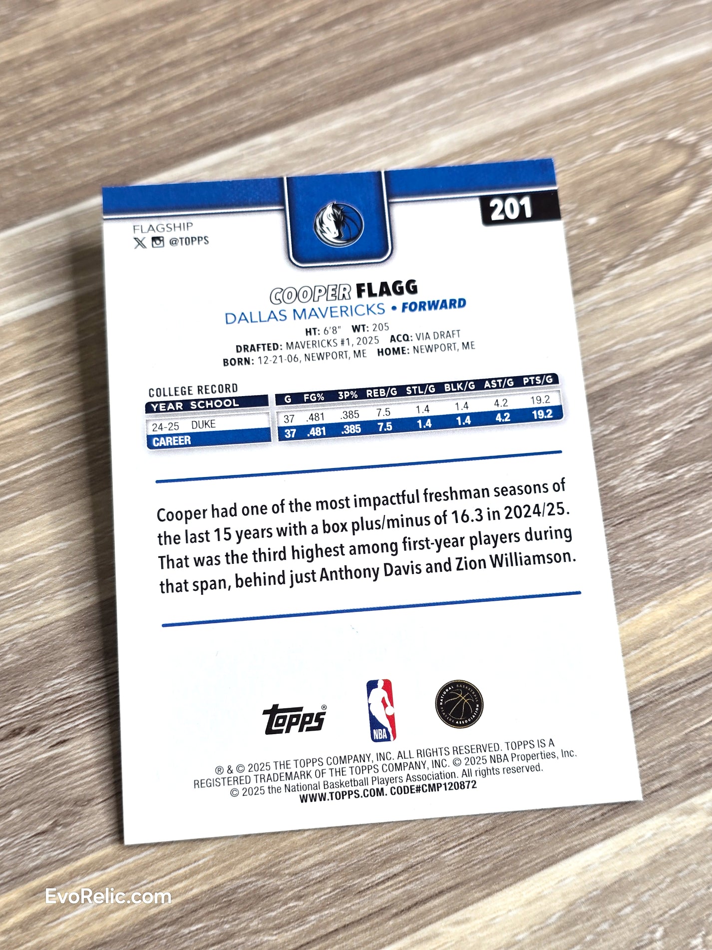 Cooper Flagg Rookie Basketball Card 2025 Topps 201