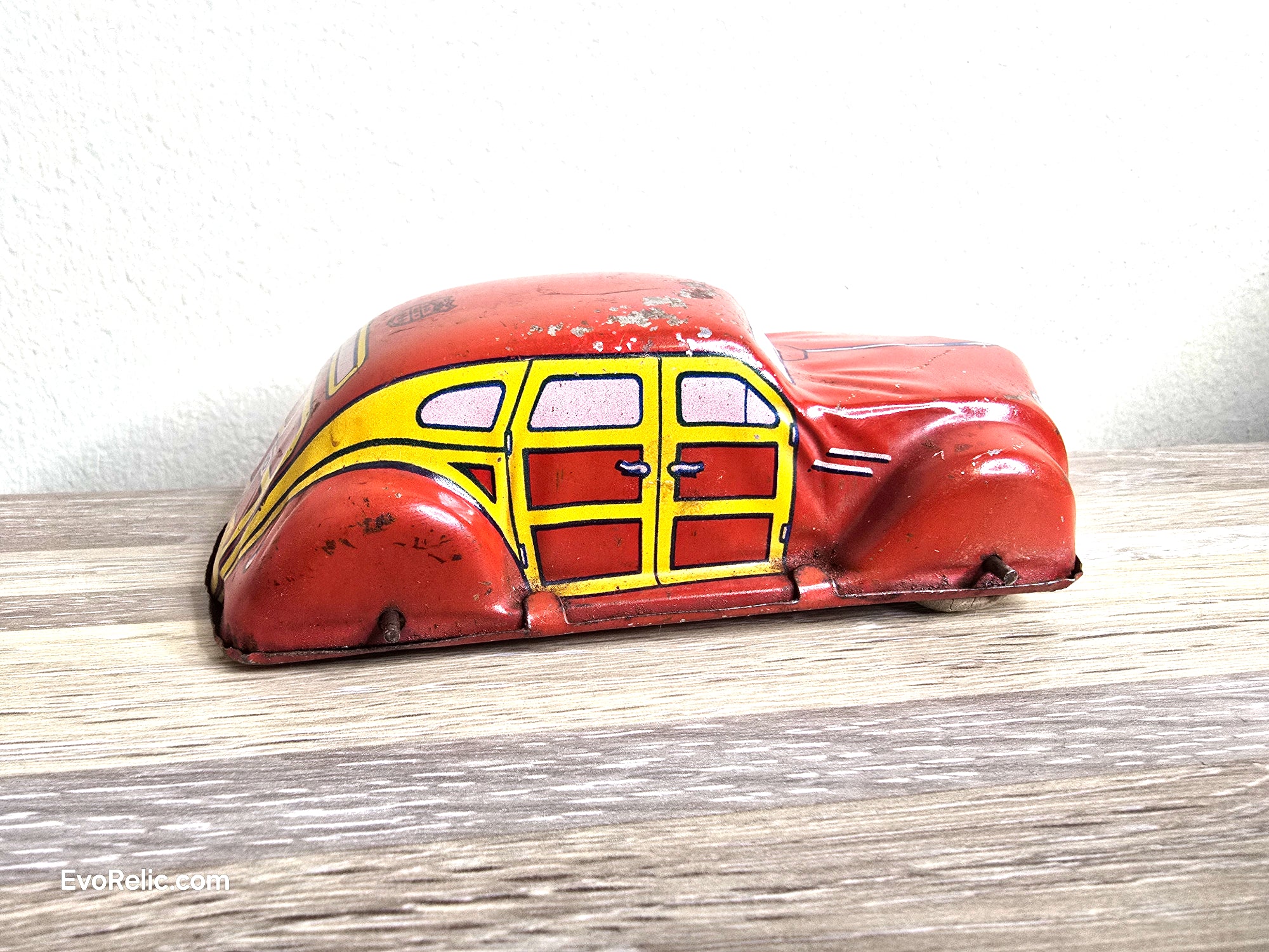 Vintage 1940s J. Chein & Co. Red "Woody" Tin Litho Wind-Up Sedan – Made in USA