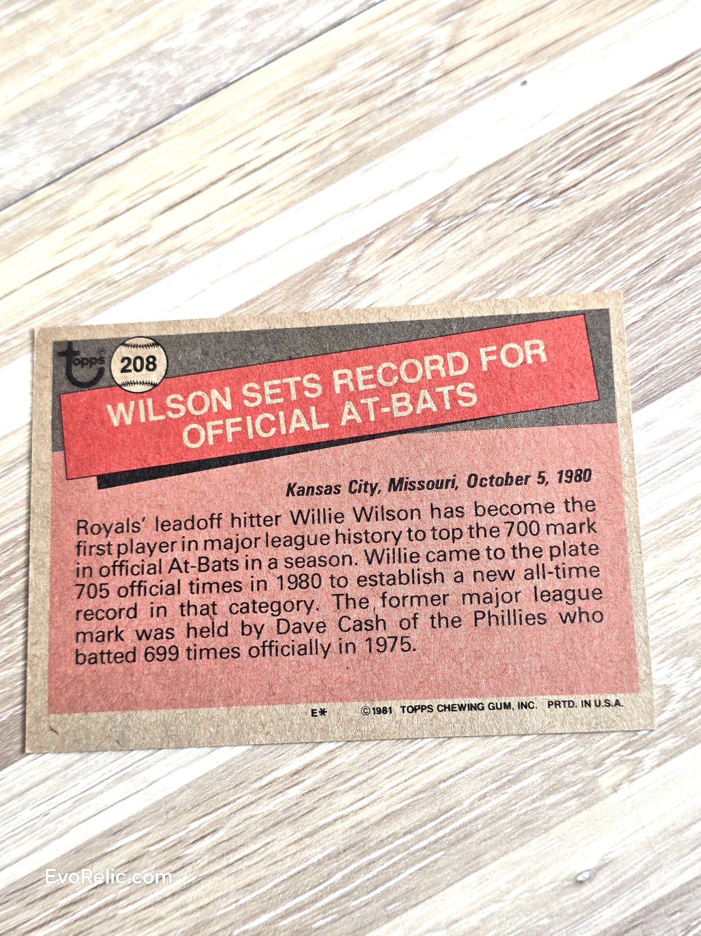 1981 Willie Wilson Baseball Card Topps No 208 Record Breaker