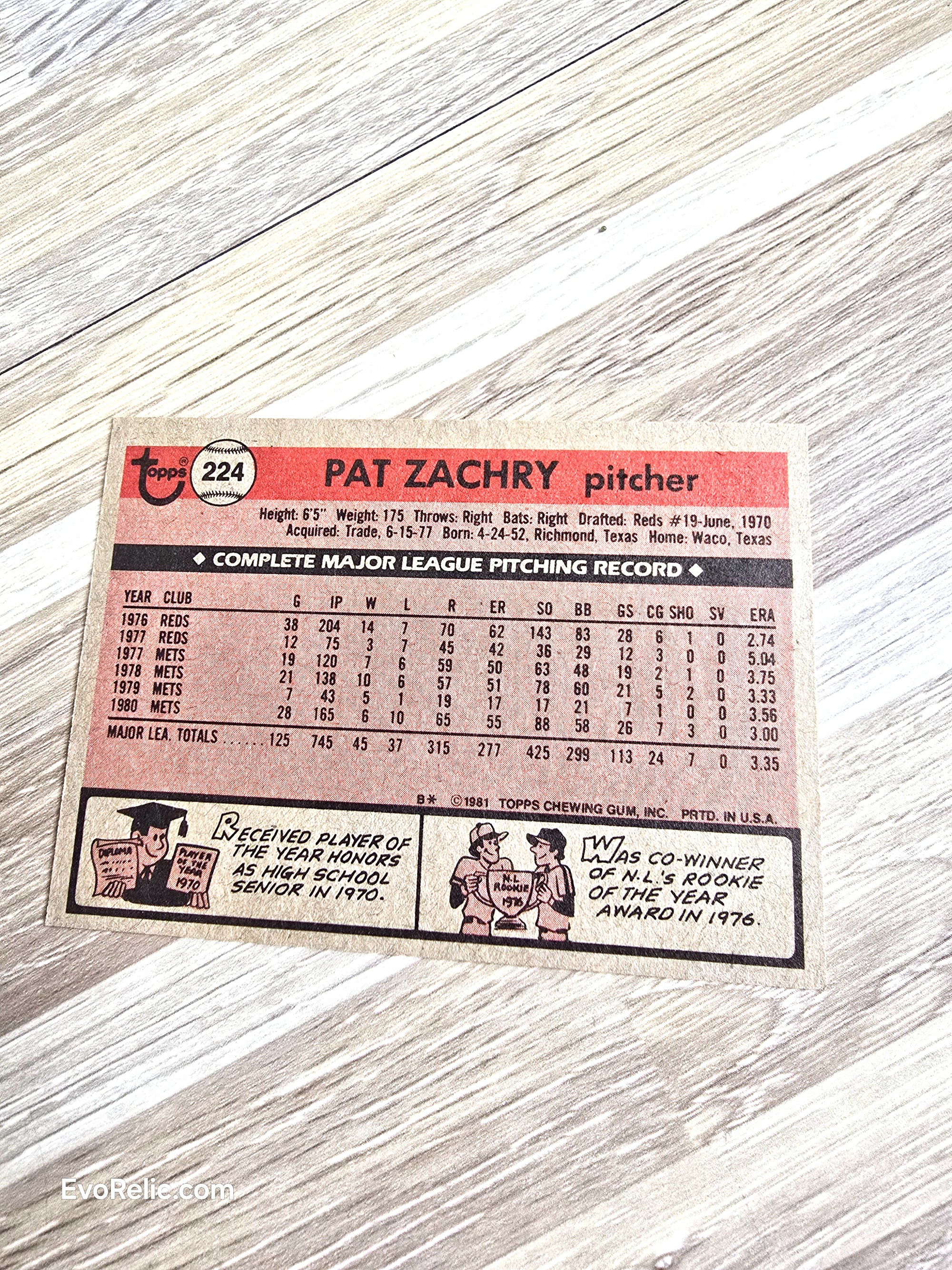 1981 Pat Zachry Baseball Card Topps No 224