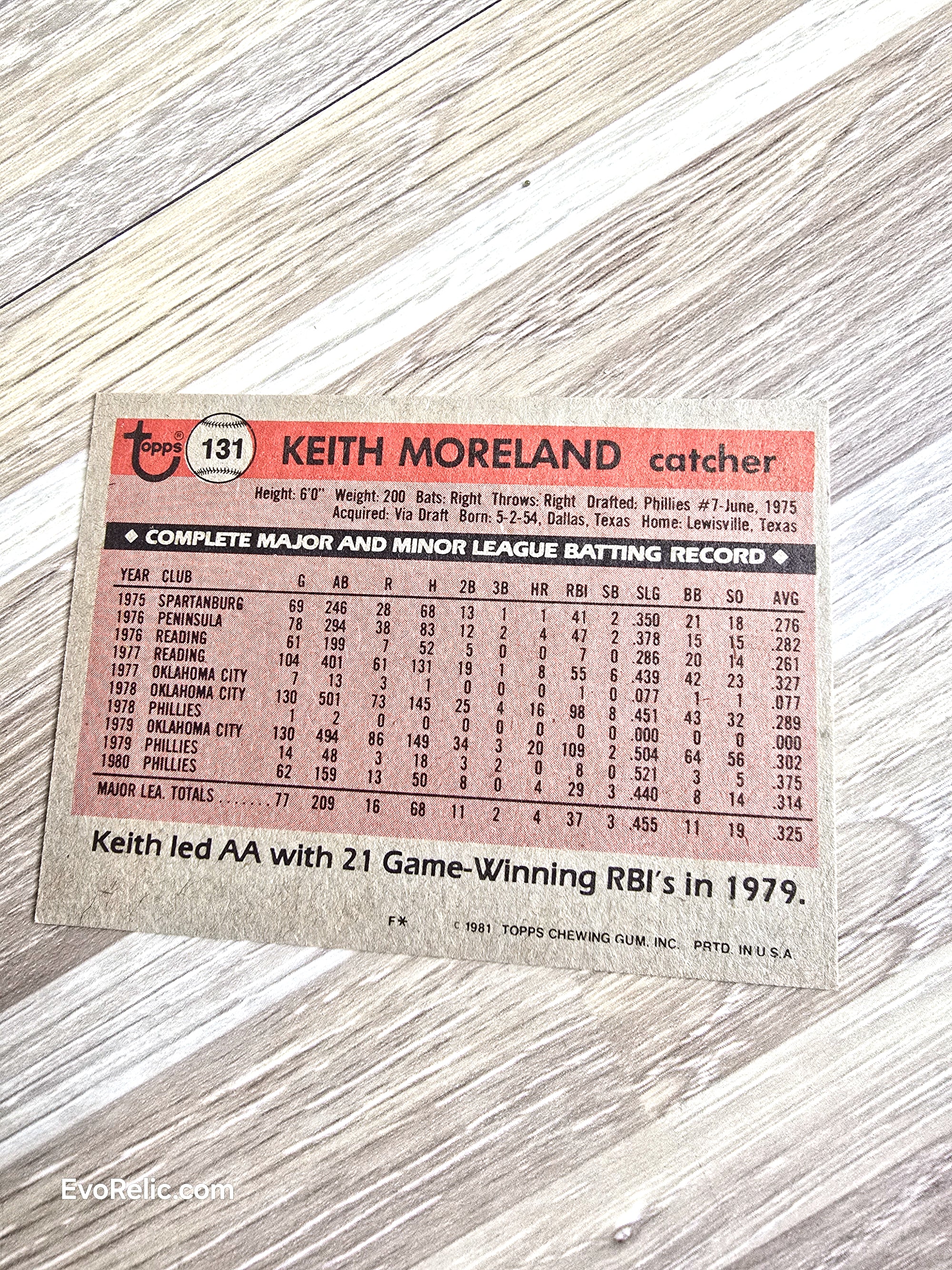 1981 Keith Moreland Baseball Card Topps No 131