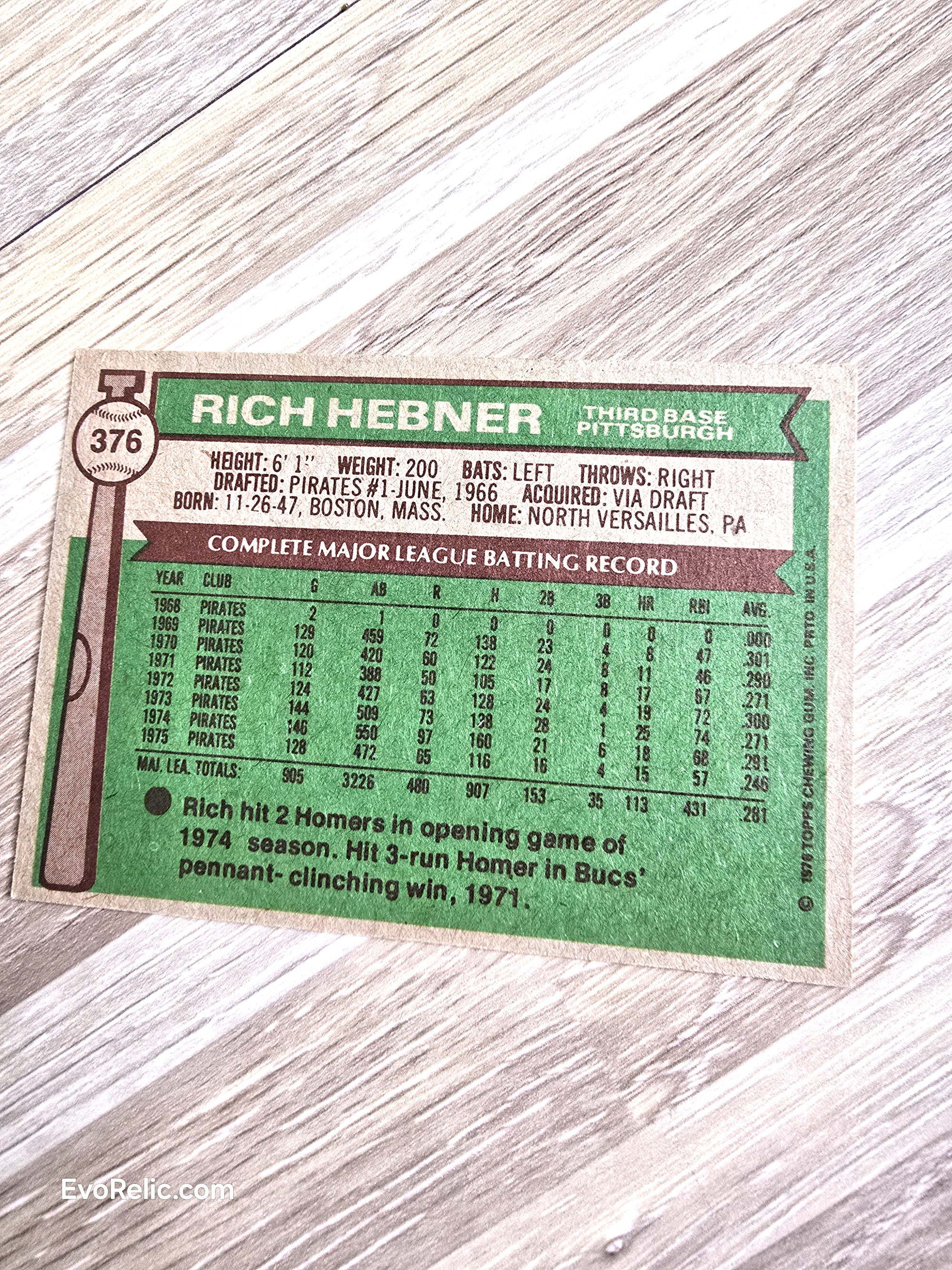 1976 Rich Hebner Baseball Card Topps No 376