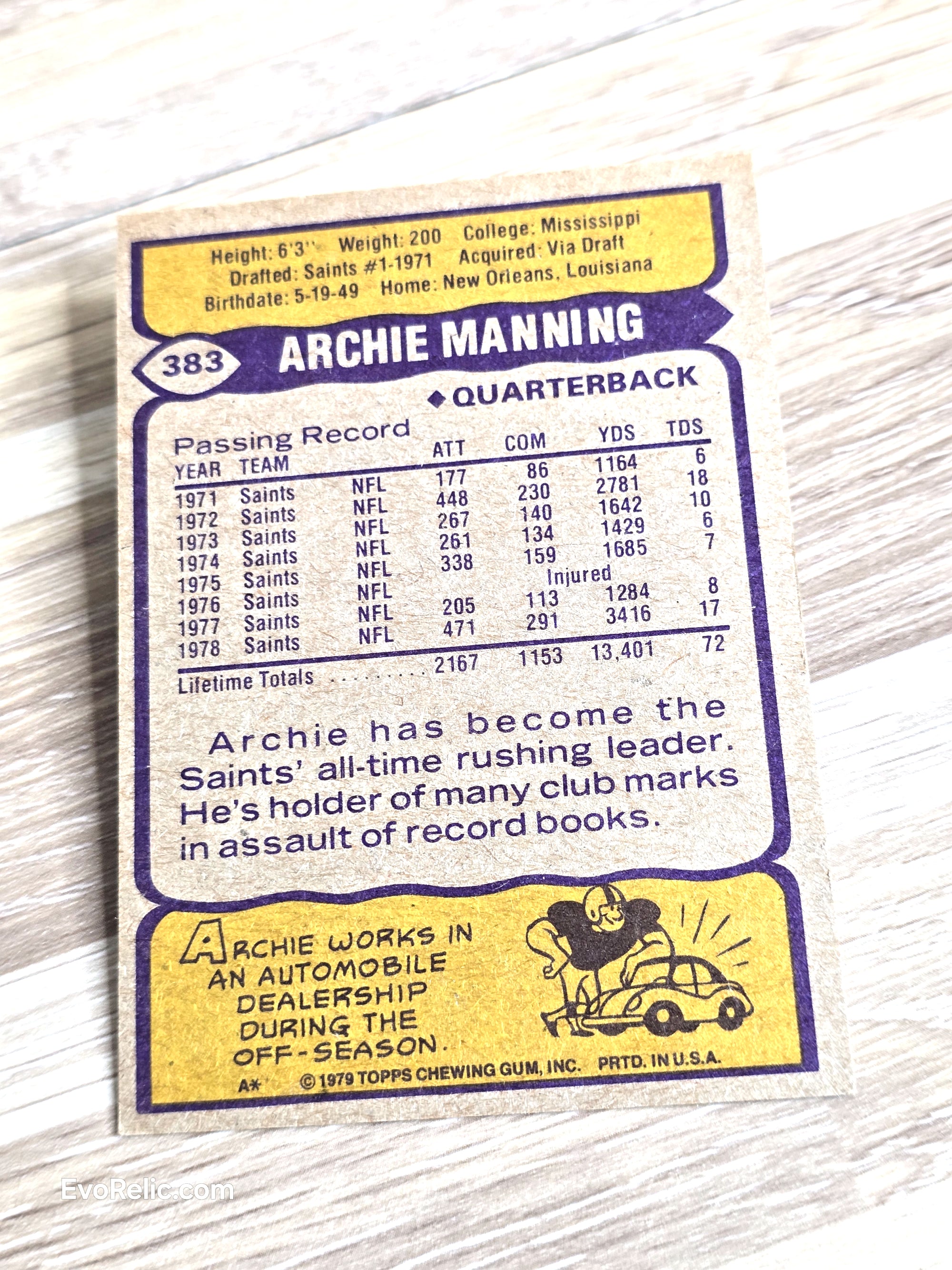 1979 Archie Manning Topps NFL Football Card No 383