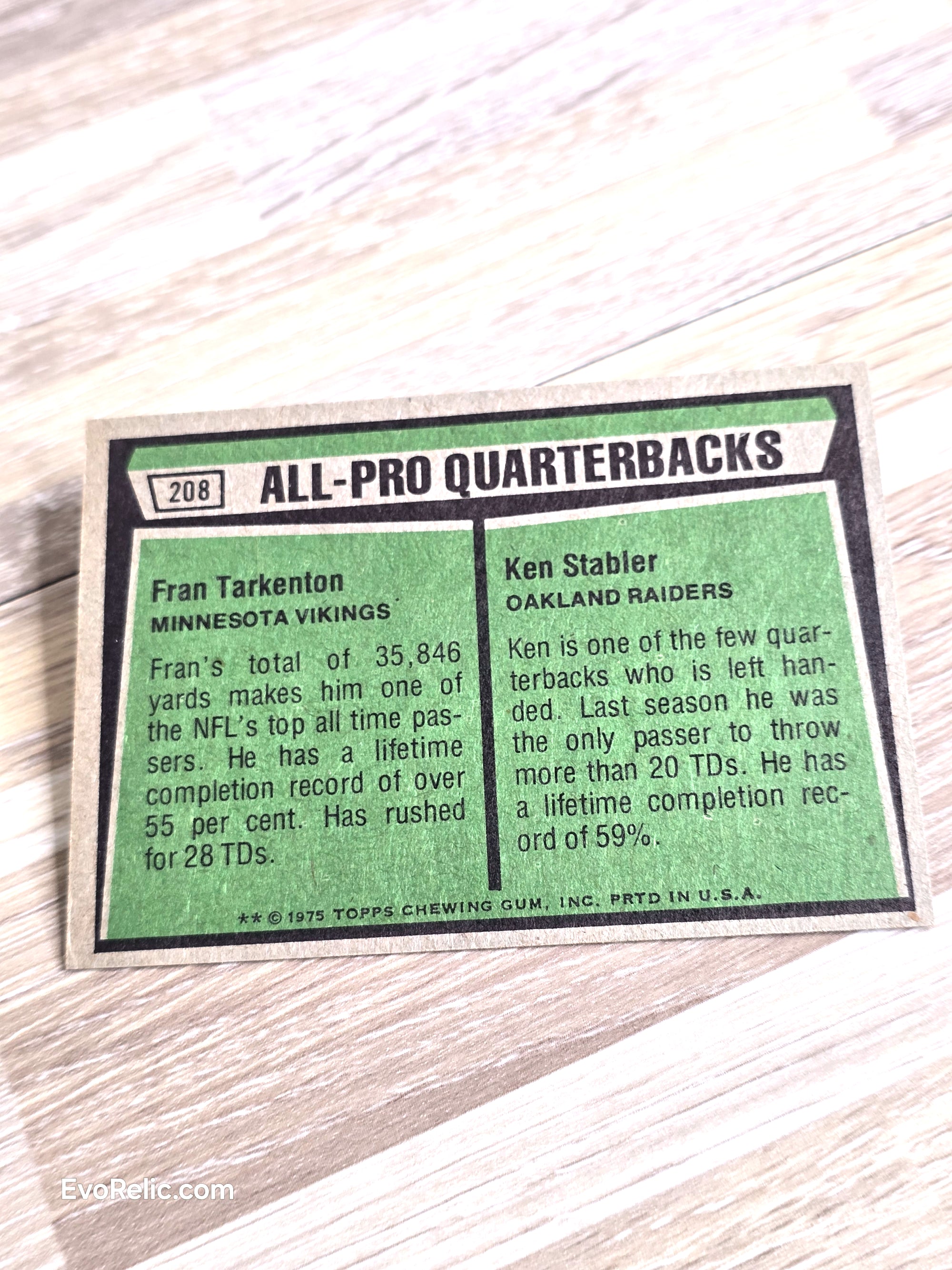 1975 NFL All-Pro Quarterbacks Tarkenton Stabler Topps Football Card No 208