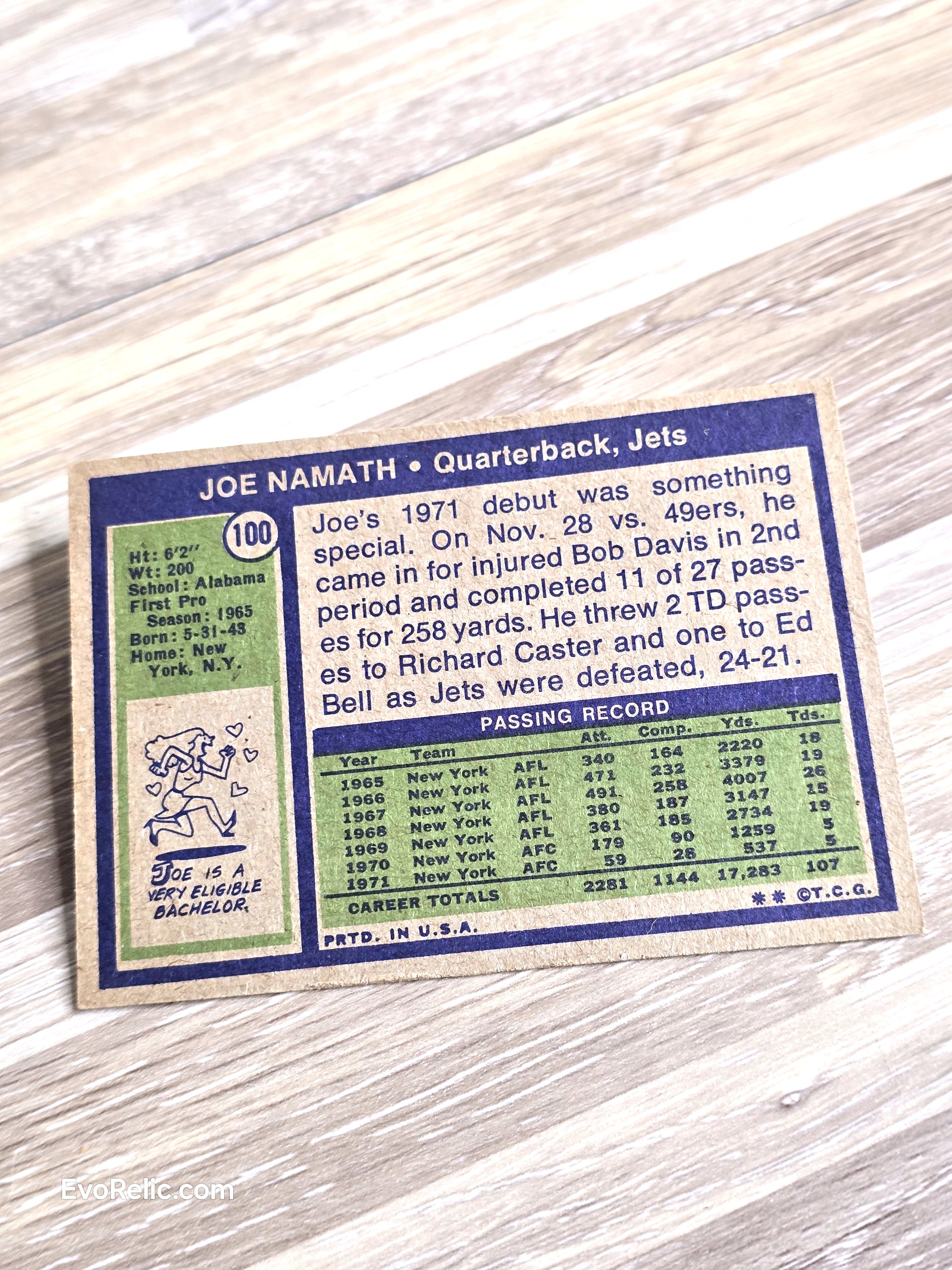 1972 Joe Namath NFL Football Card Topps No 100