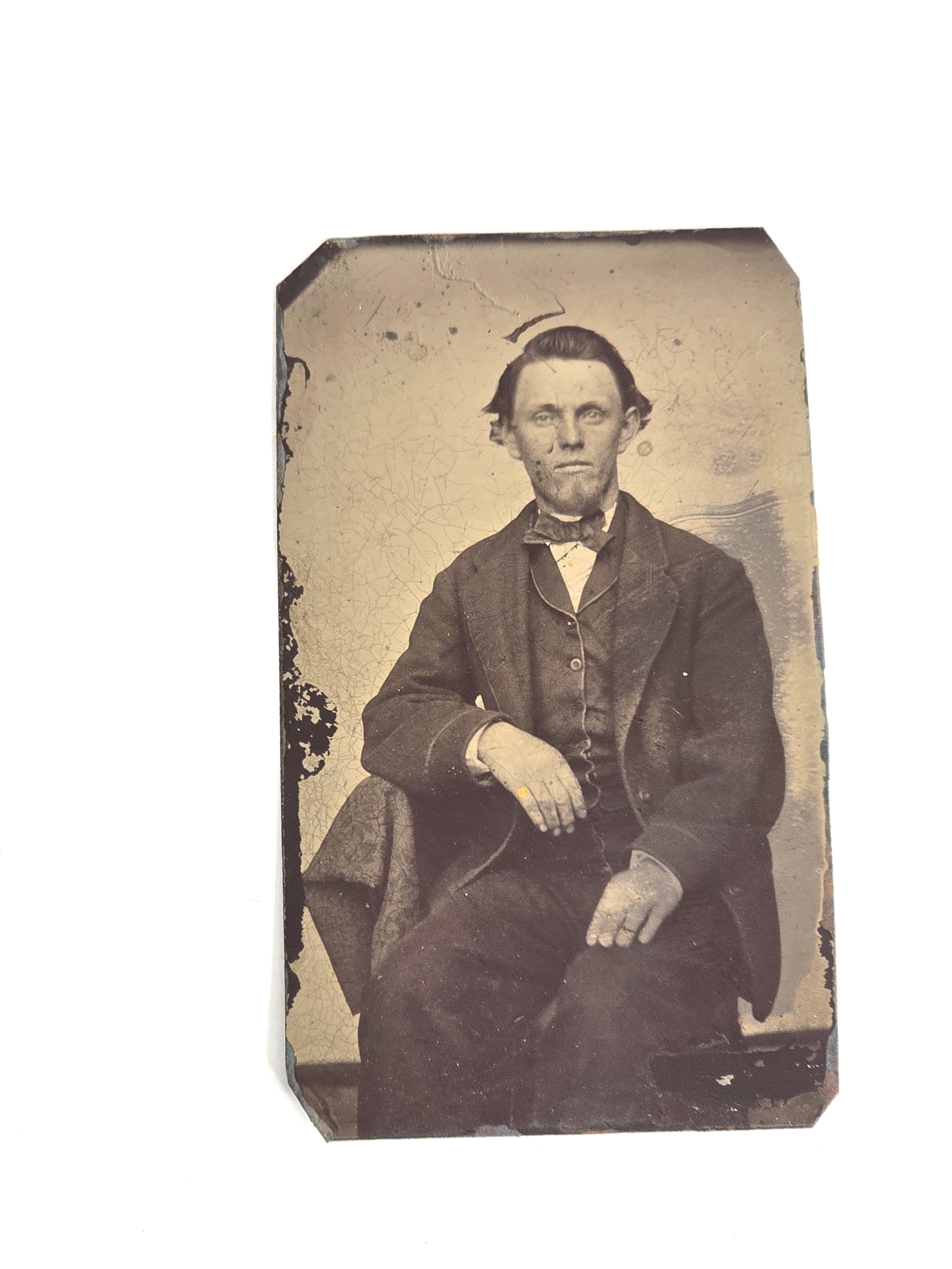 1860 Man Sitting with Bow Tie Tintype Picture