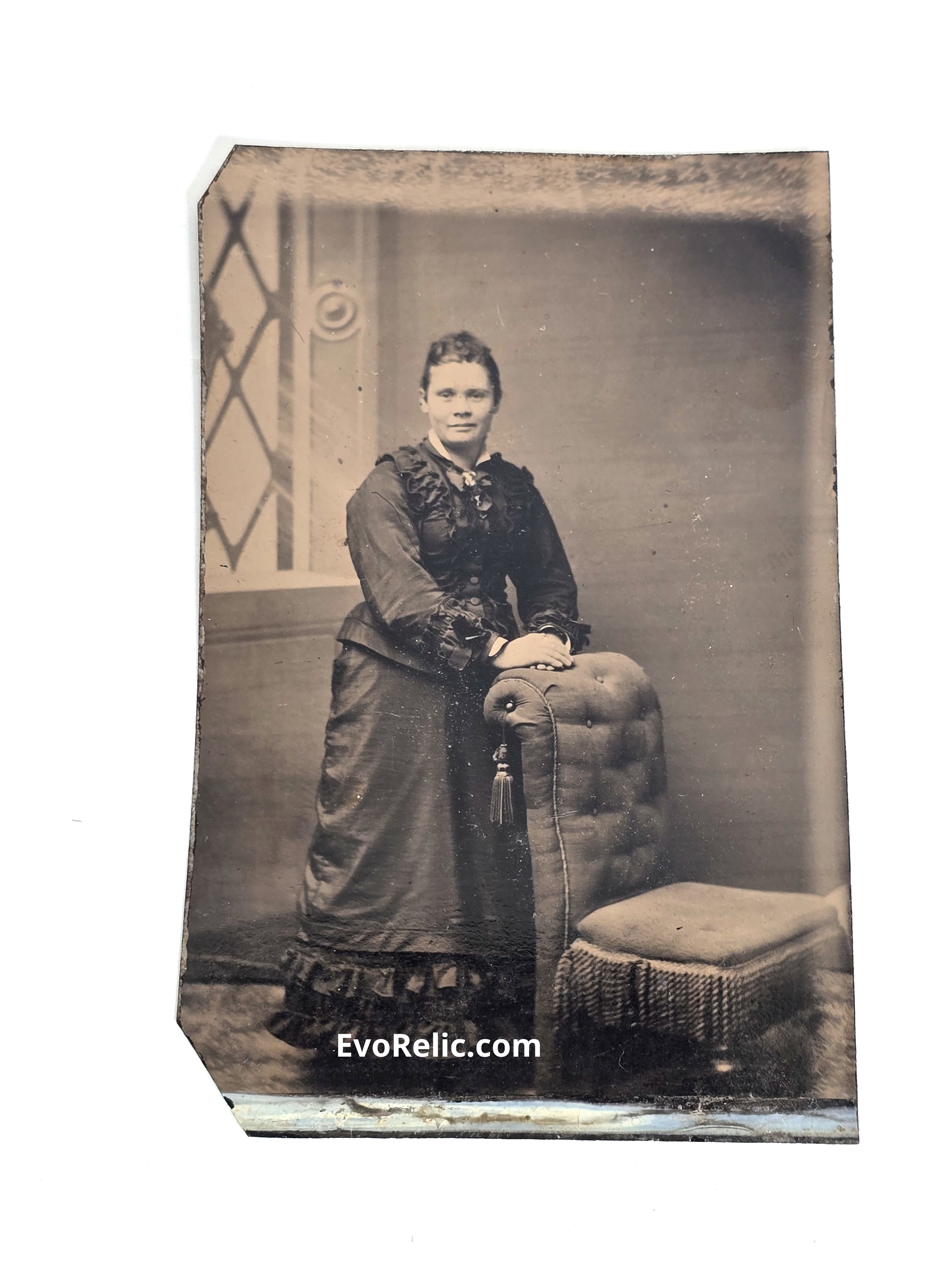 1860 Woman Dress Leaning on Chair Tintype