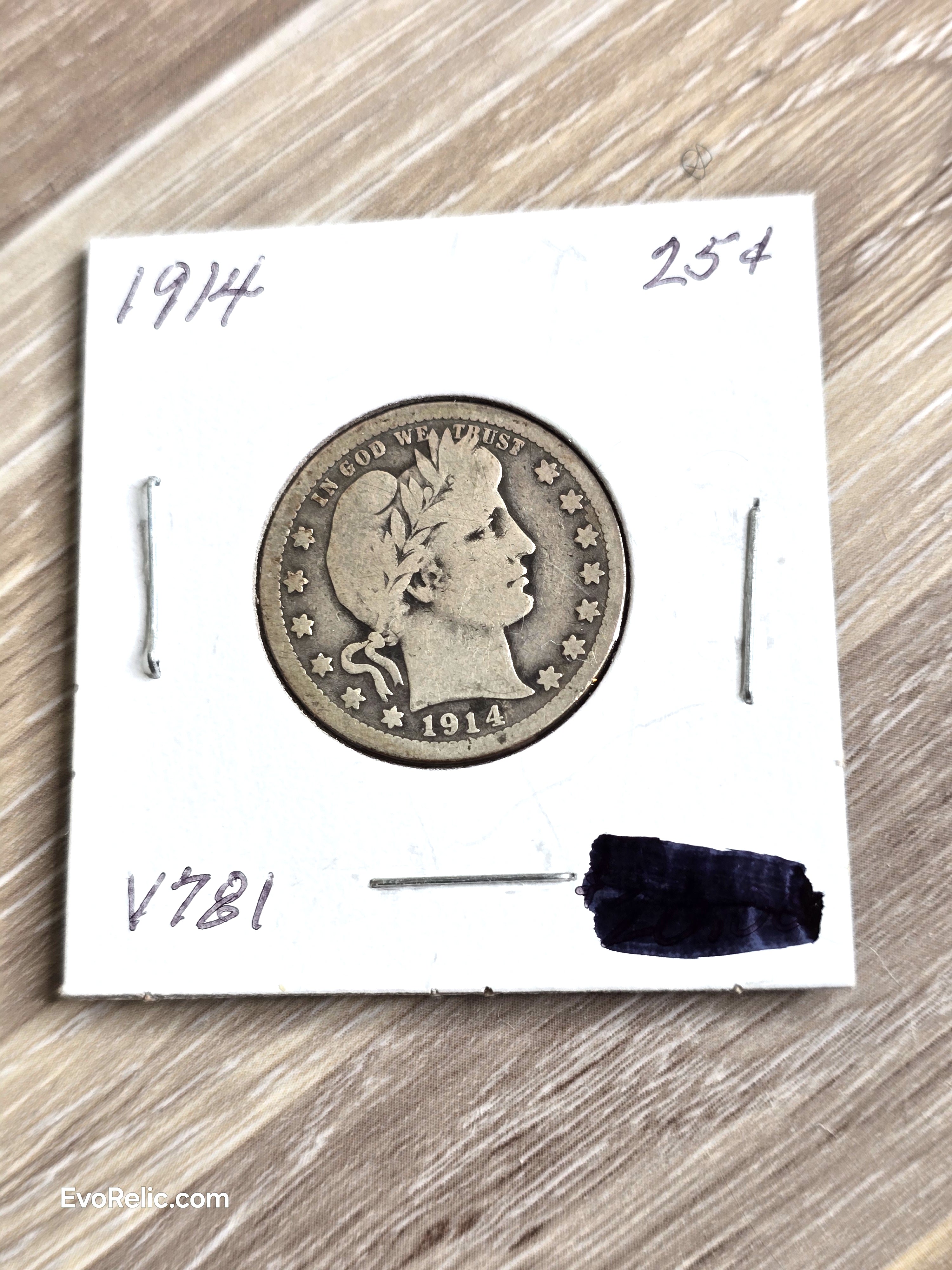 1914 Barber Quarter 90% Silver Coin
