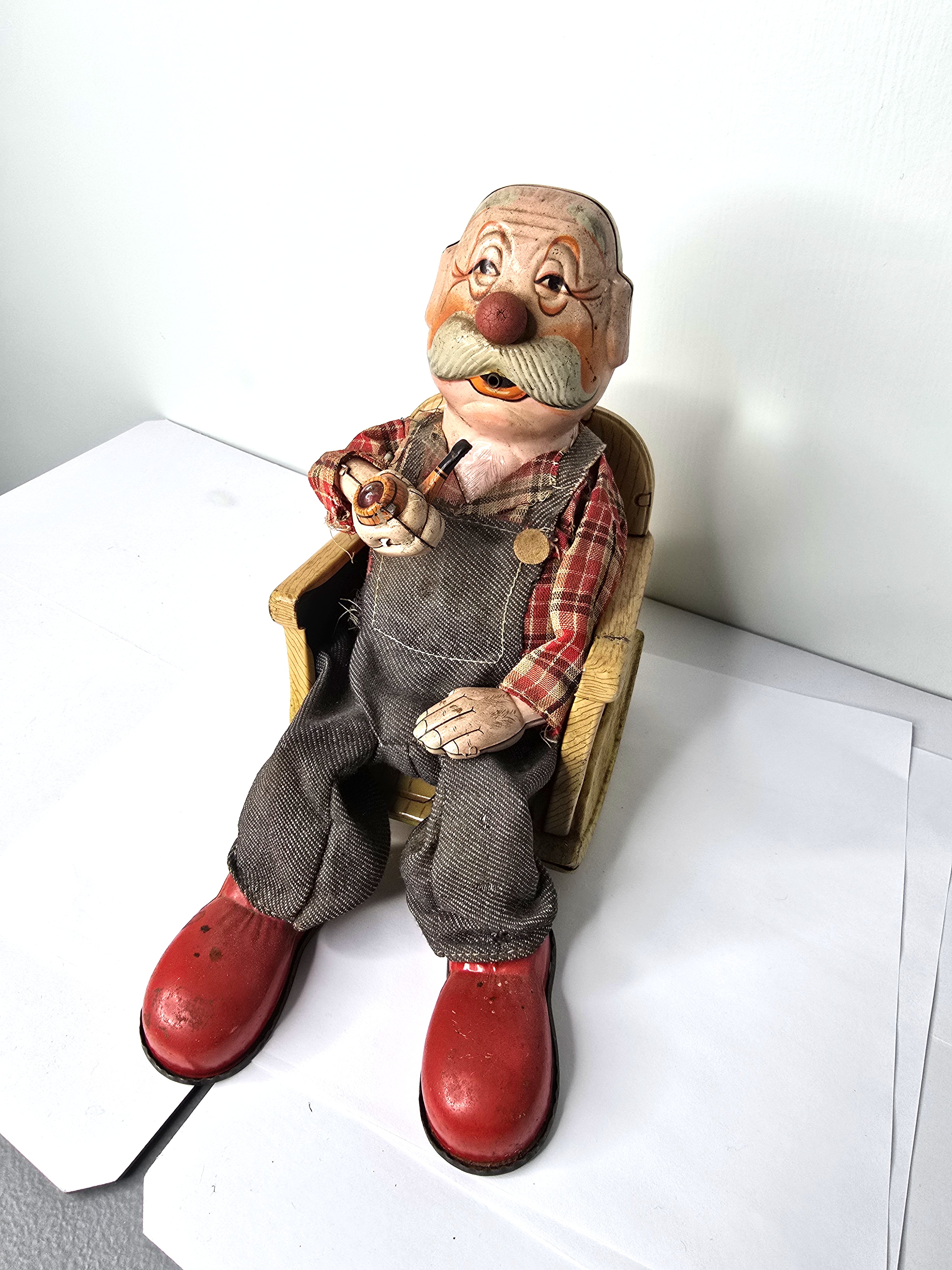 1950s Tin Toy Grandpa Smoking Pipe in Rocking Chair