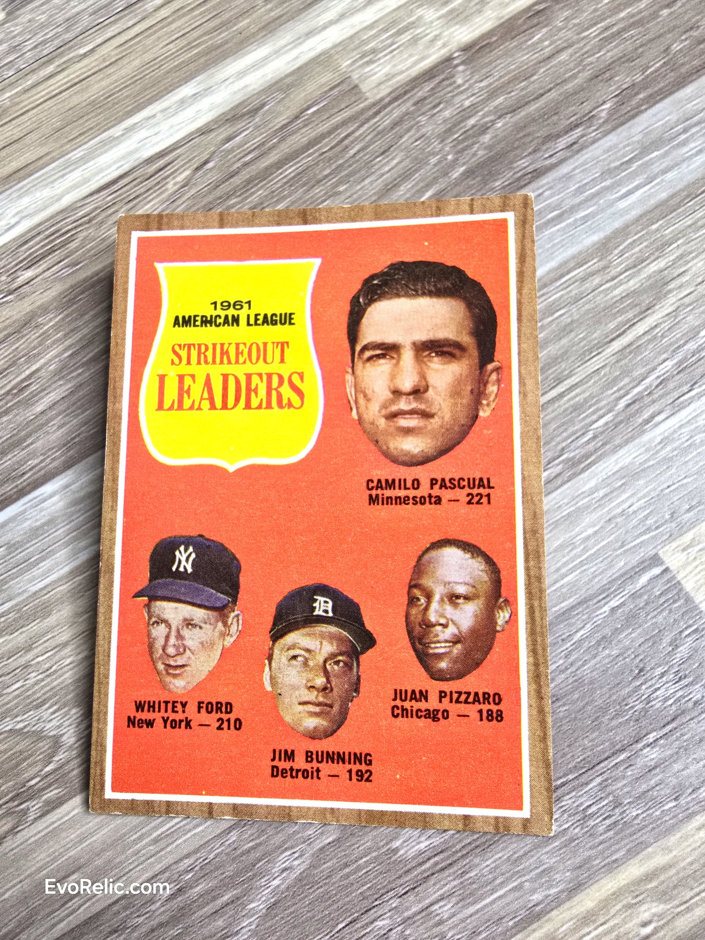 1961 Topps Baseball Card Pascual, Ford, Bunning, Pizzaro Strikeout Leaders American League No. 59