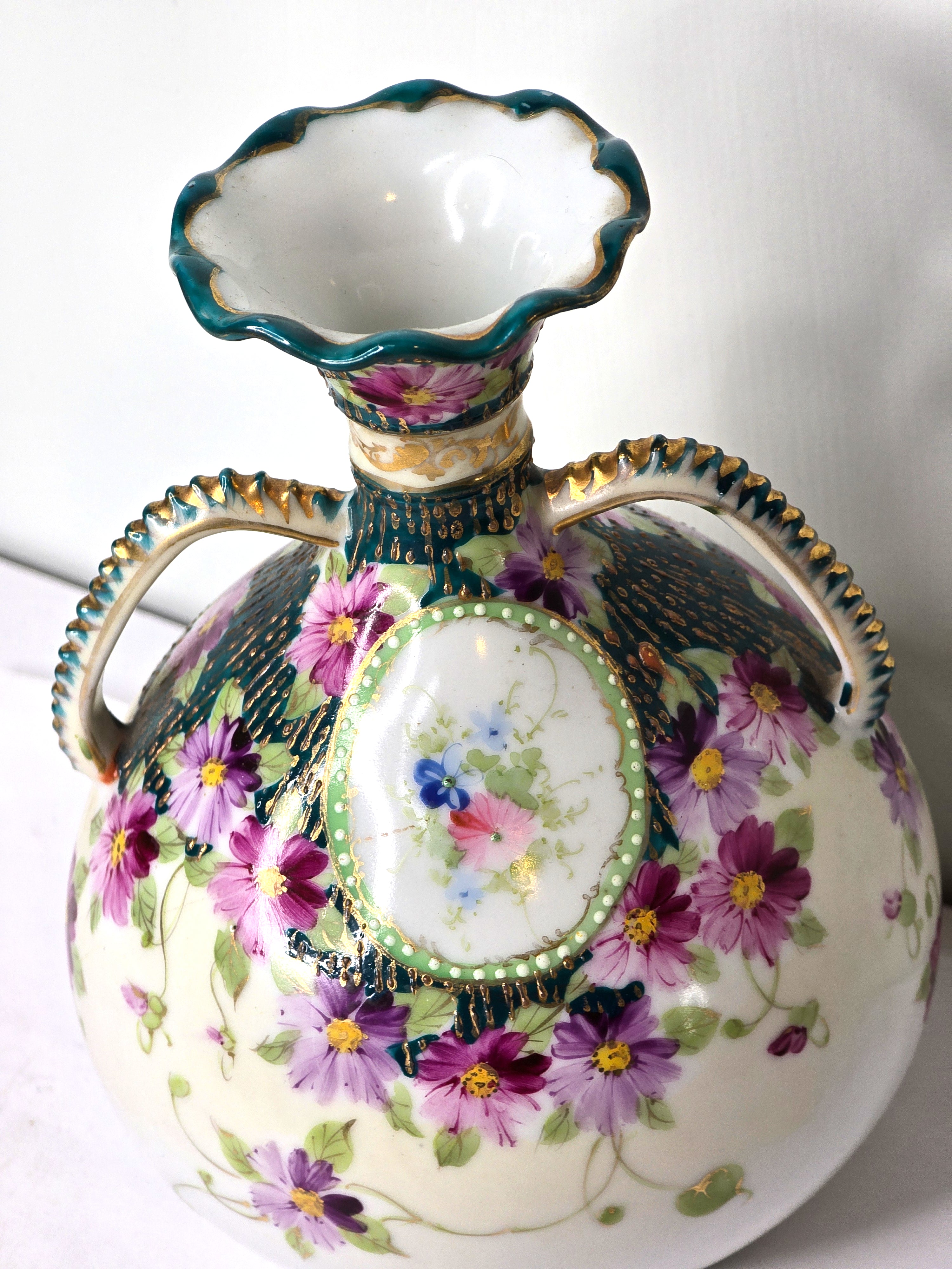 Floral Vase Victorian Decor Hand Painted with 22k Gold Trim