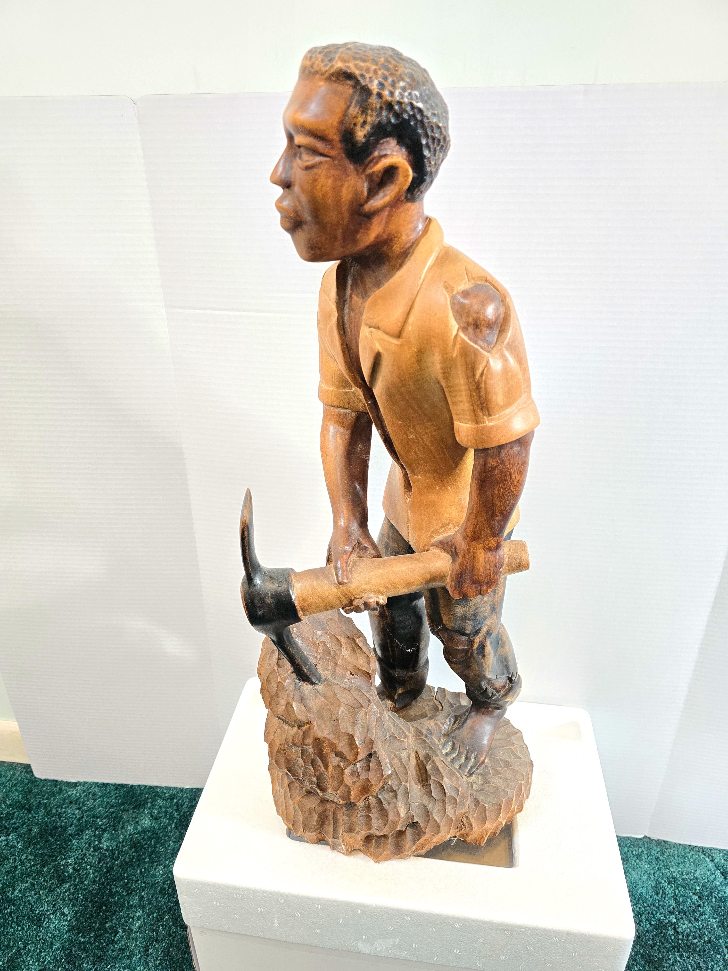 African Art Sculpture Handmade Wood Man Gold Mining Signed Louis Cherry