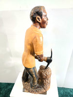 African Art Sculpture Handmade Wood Man Gold Mining Signed Louis Cherry