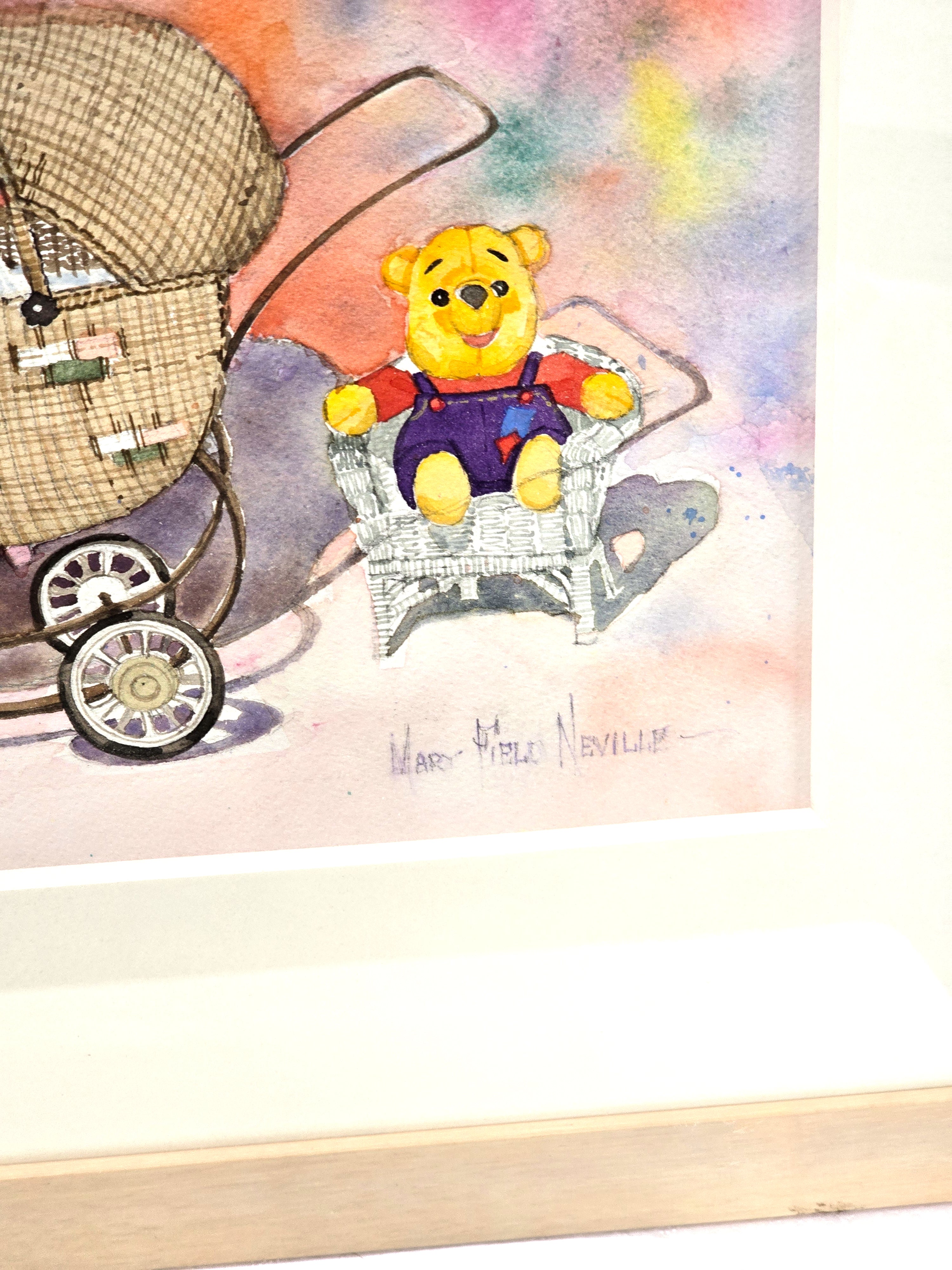 Art Painting Original Signed by Artist Watercolor Kids Disney Pooh Bear