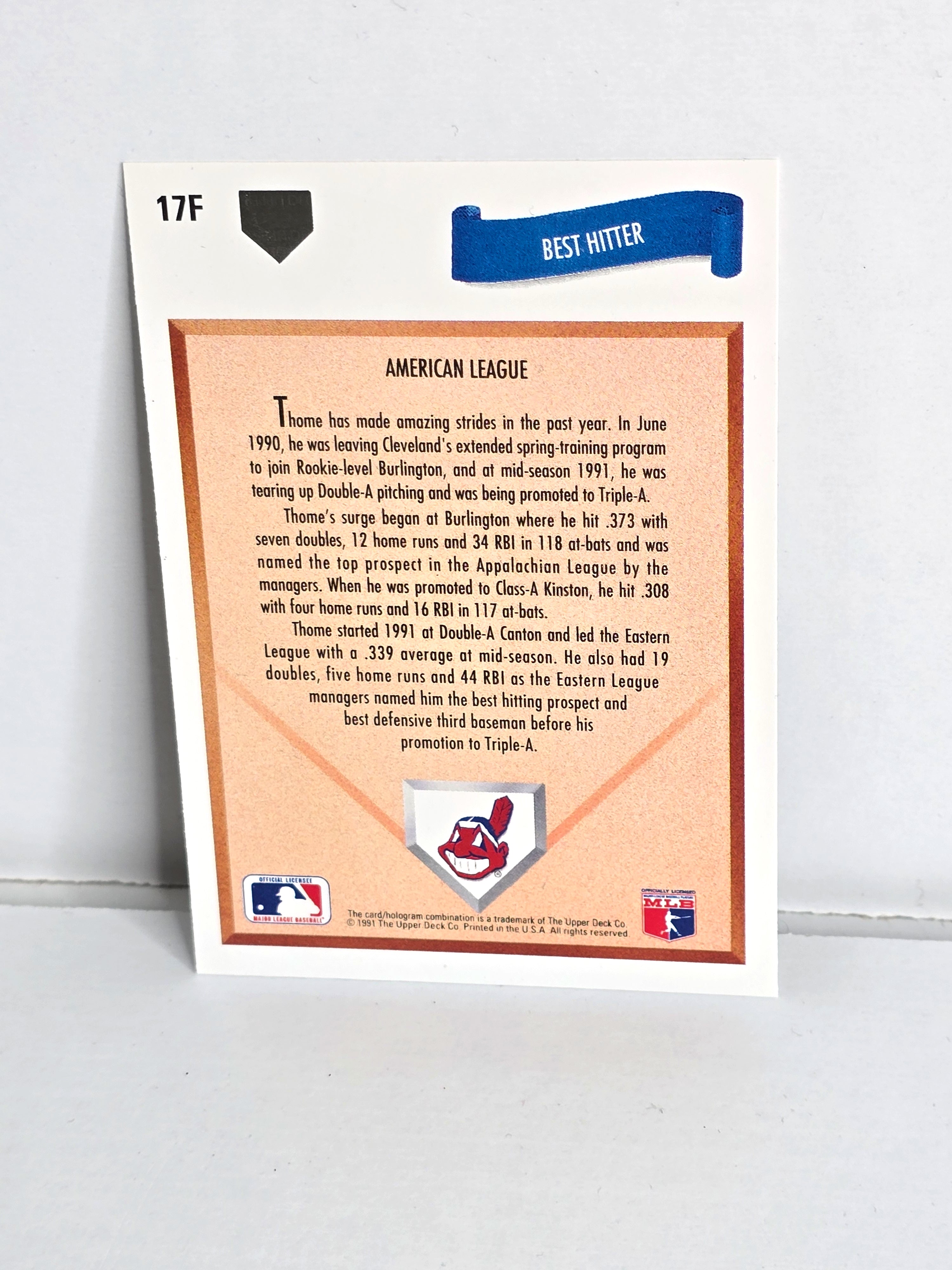 Jim Thome Baseball Card Cleveland Indians 1991 Upper Deck No. 17F