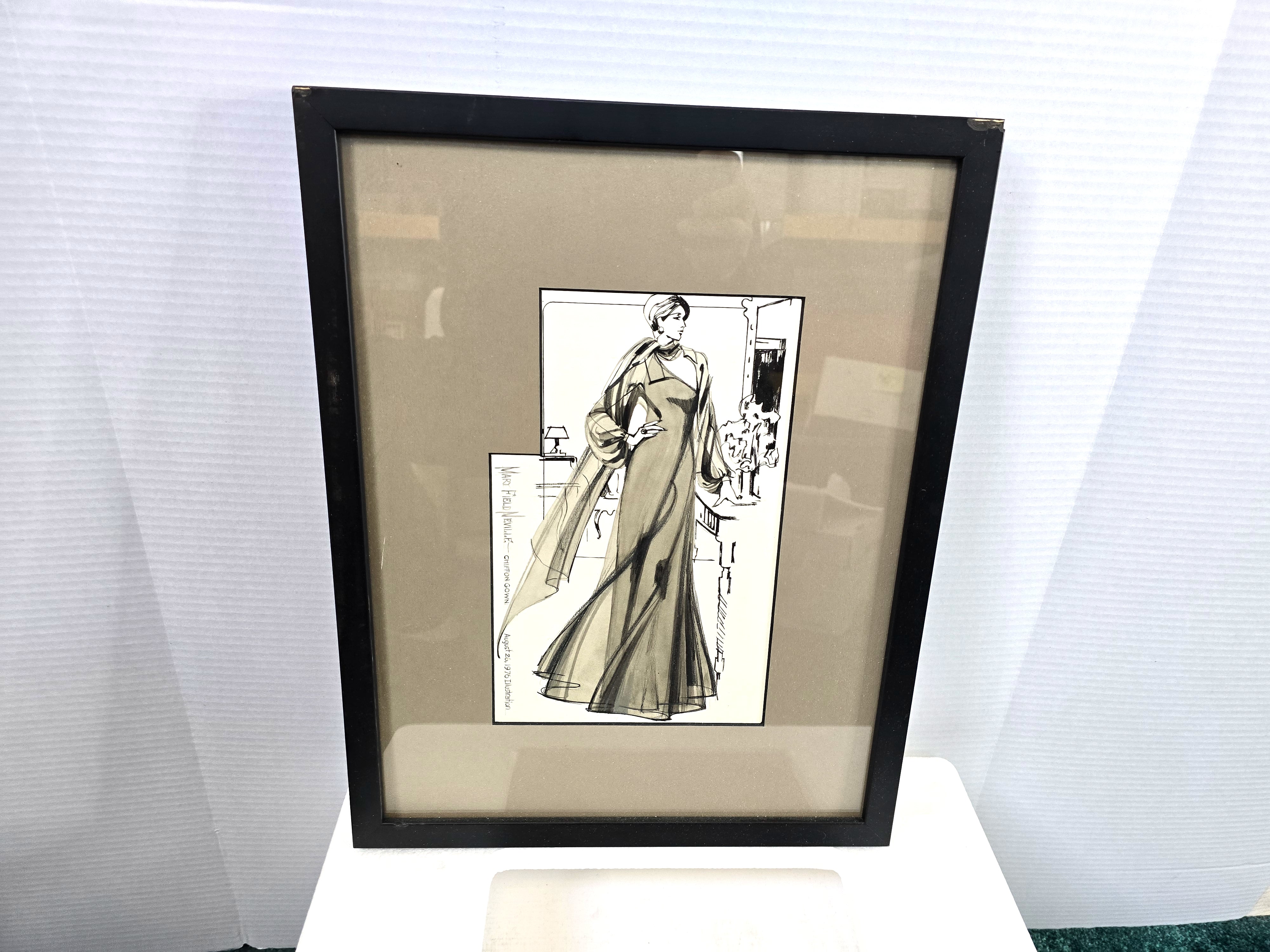 Chiffon Gown Art Illustration Hand Drawn Original Signed by Artist