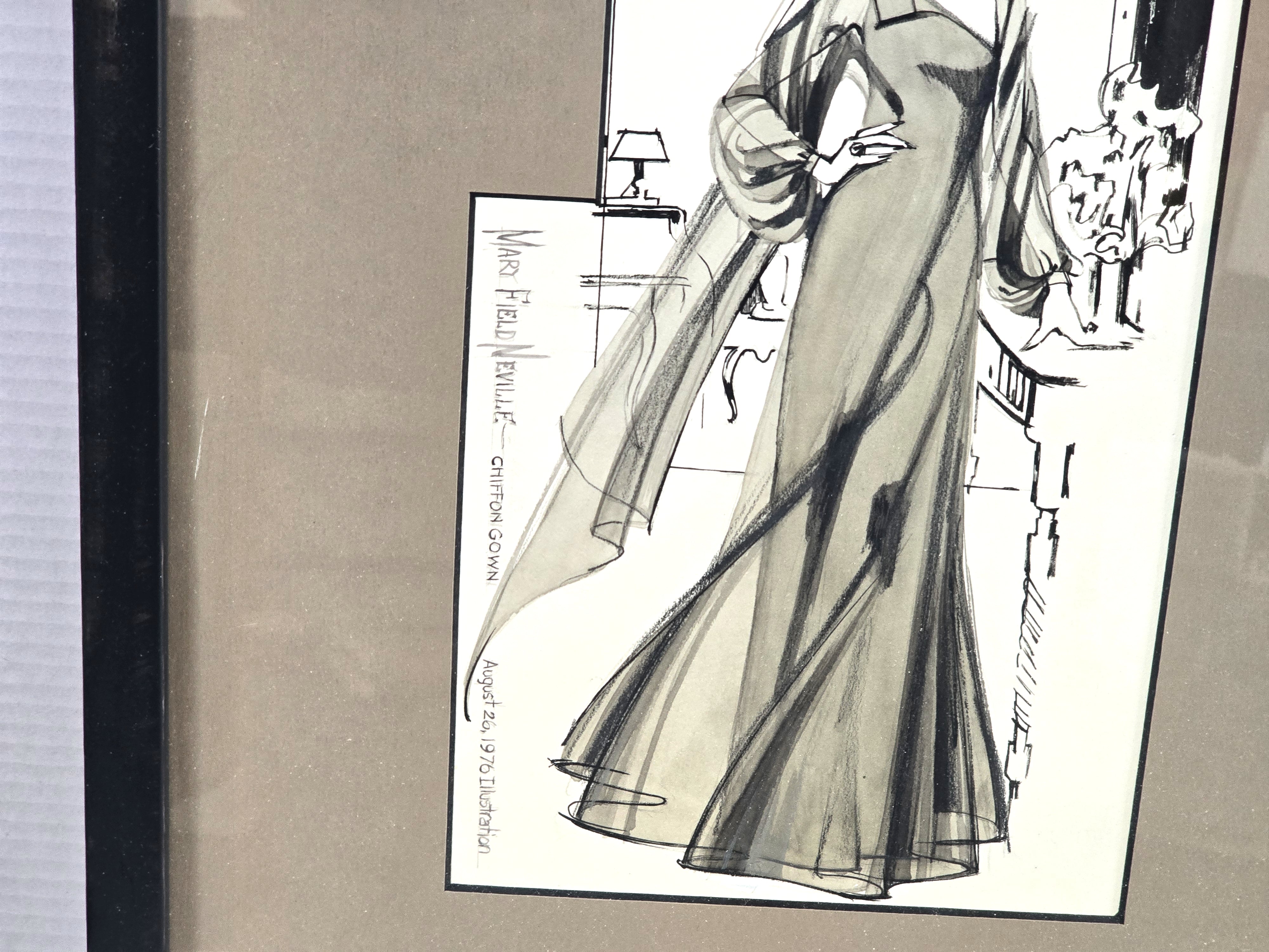 Chiffon Gown Art Illustration Hand Drawn Original Signed by Artist