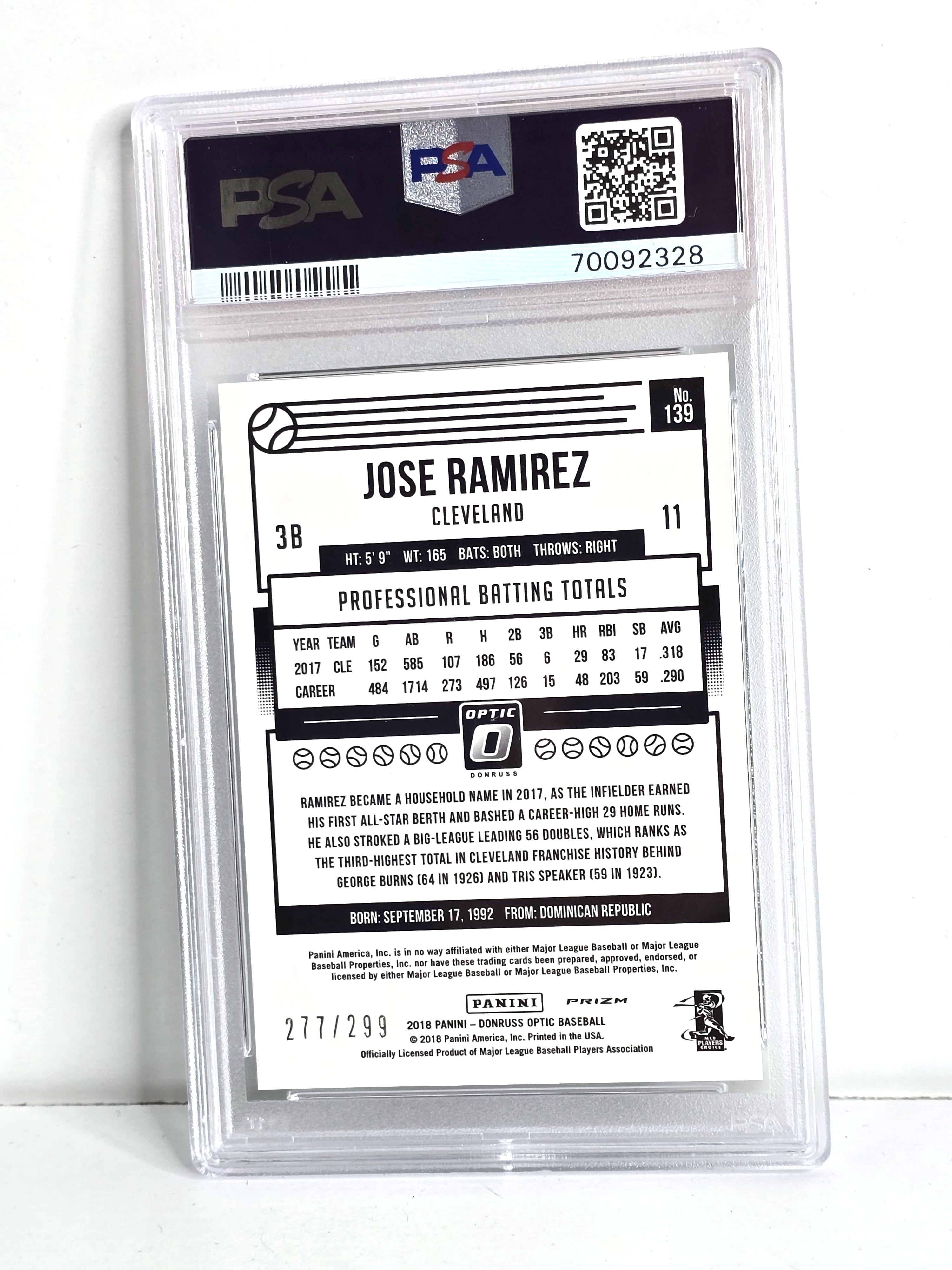 Jose Ramirez Baseball Card 2018 Donruss Optic No. 139 Mint PSA