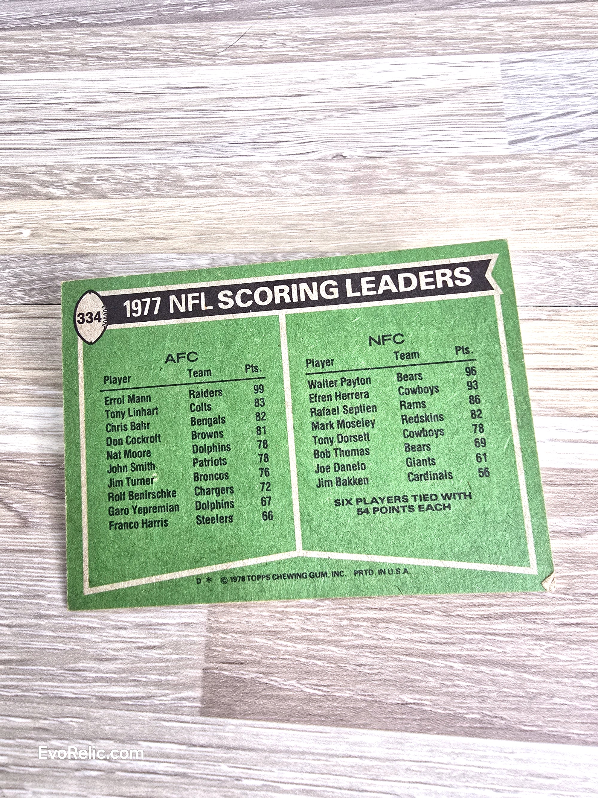 1978 NFL Scoring Leaders Mann Payton Football Card Topps No 334