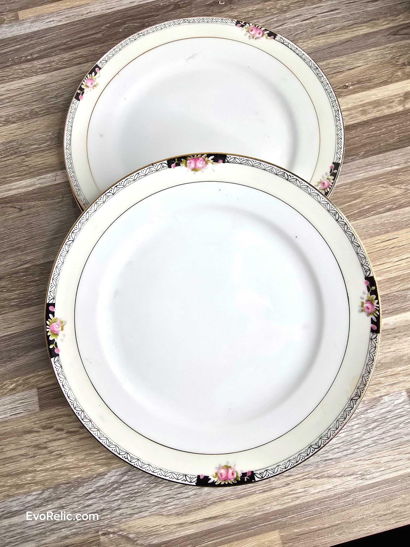 Elegant Vintage Noritake Dessert Set (3) Hand Painted China with Black &amp; Pink Roses and Gold Trim Art Deco Side Plates