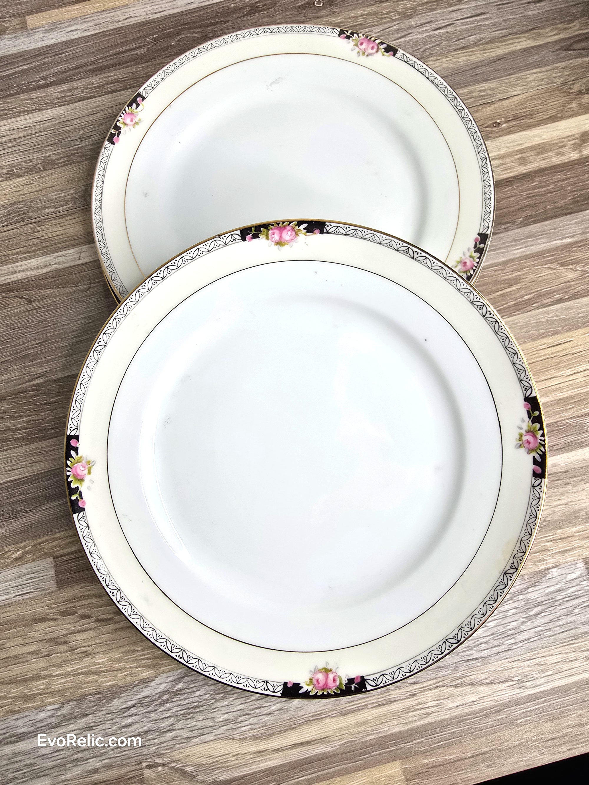 Elegant Vintage Noritake Dessert Set (3) Hand Painted China with Black & Pink Roses and Gold Trim Art Deco Side Plates