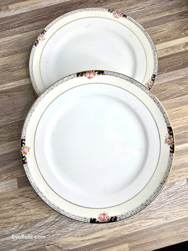Elegant Vintage Noritake Dessert Set (3) Hand Painted China with Black & Pink Roses and Gold Trim Art Deco Side Plates