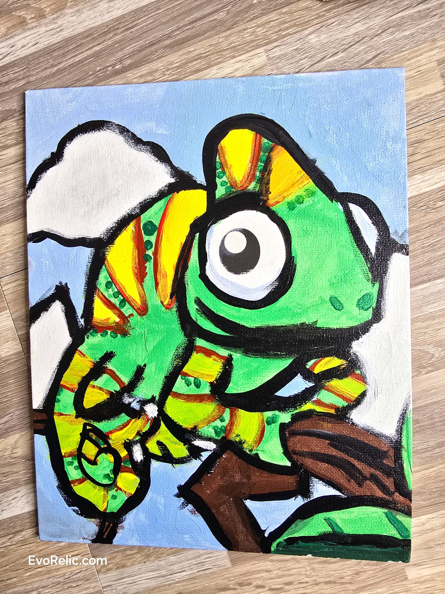 Vibrant Abstract Chameleon Oil on Canvas – Modern Pop Art Animal Painting