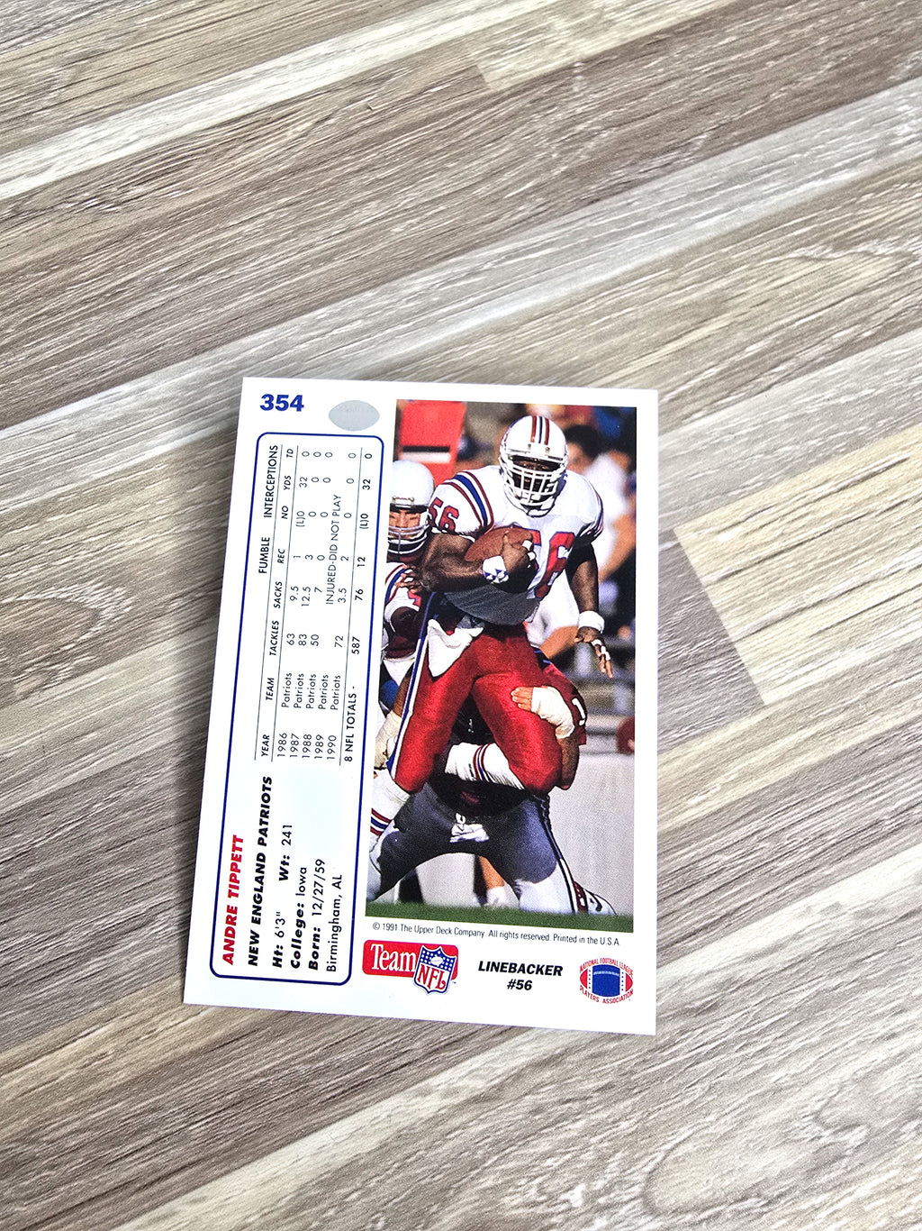 Andre Tippett NFL Football Card 1991 Upper Deck No. 354