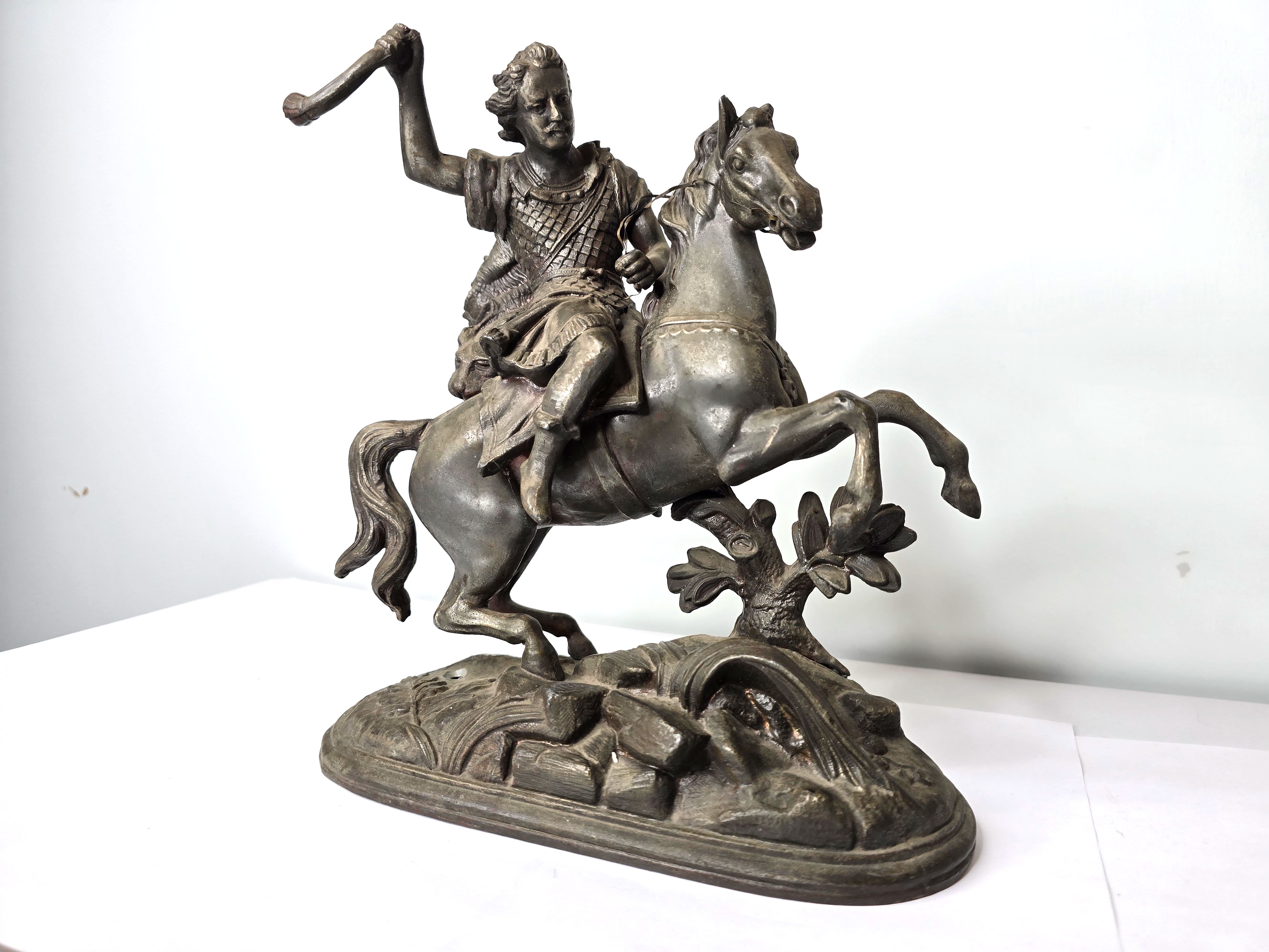 Antique Spanish Conquistador Statue Metal with Sword Lion Cape