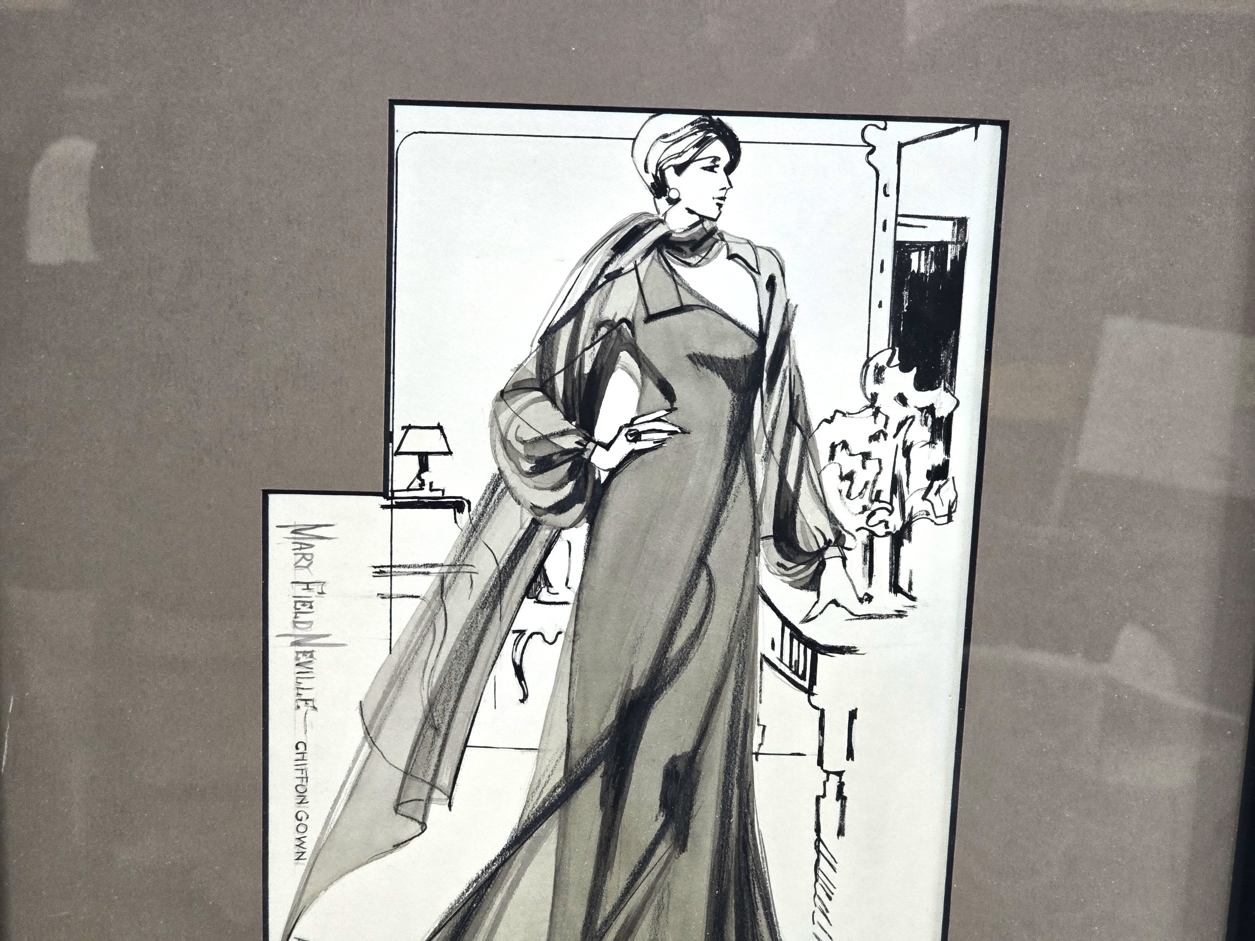 Chiffon Gown Art Illustration Hand Drawn Original Signed by Artist
