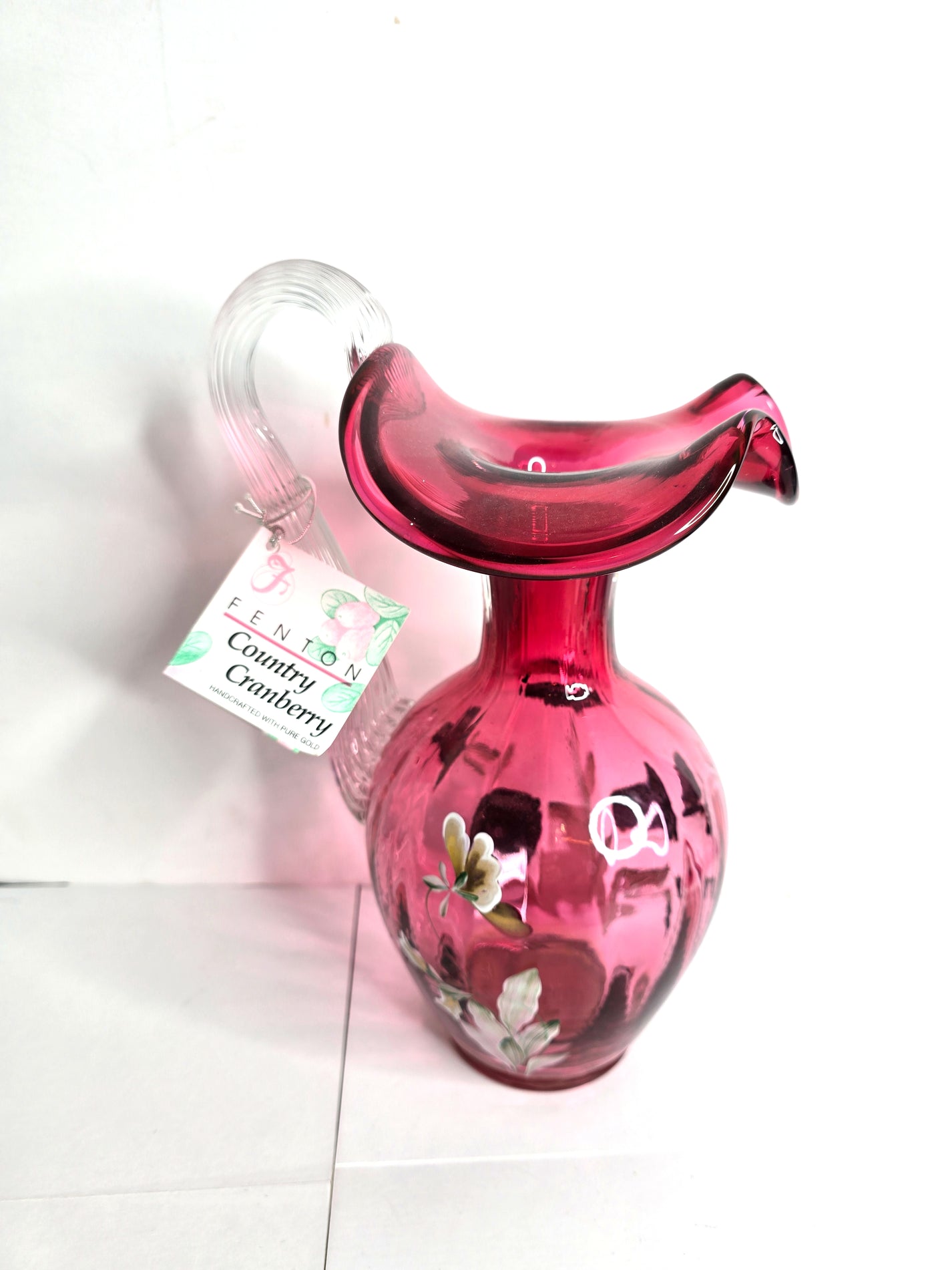 Fenton Country Cranberry Art Glass Pitcher Signed by Artist Jo Reynolds