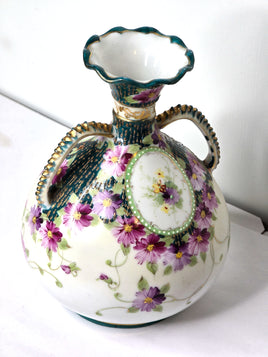 Floral Vase Victorian Decor Hand Painted with 22k Gold Trim