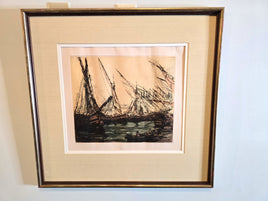 French Ships Fishing Boats Art Lithography from Louvre Museum in France