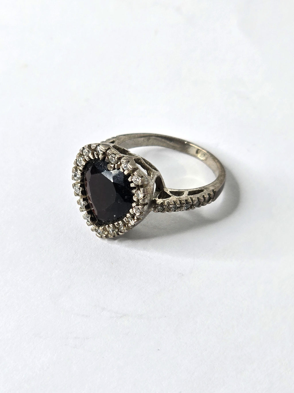 Heart Shaped Cognac Mali Garnet Ring Sterling Silver with Real Diamond Clusters