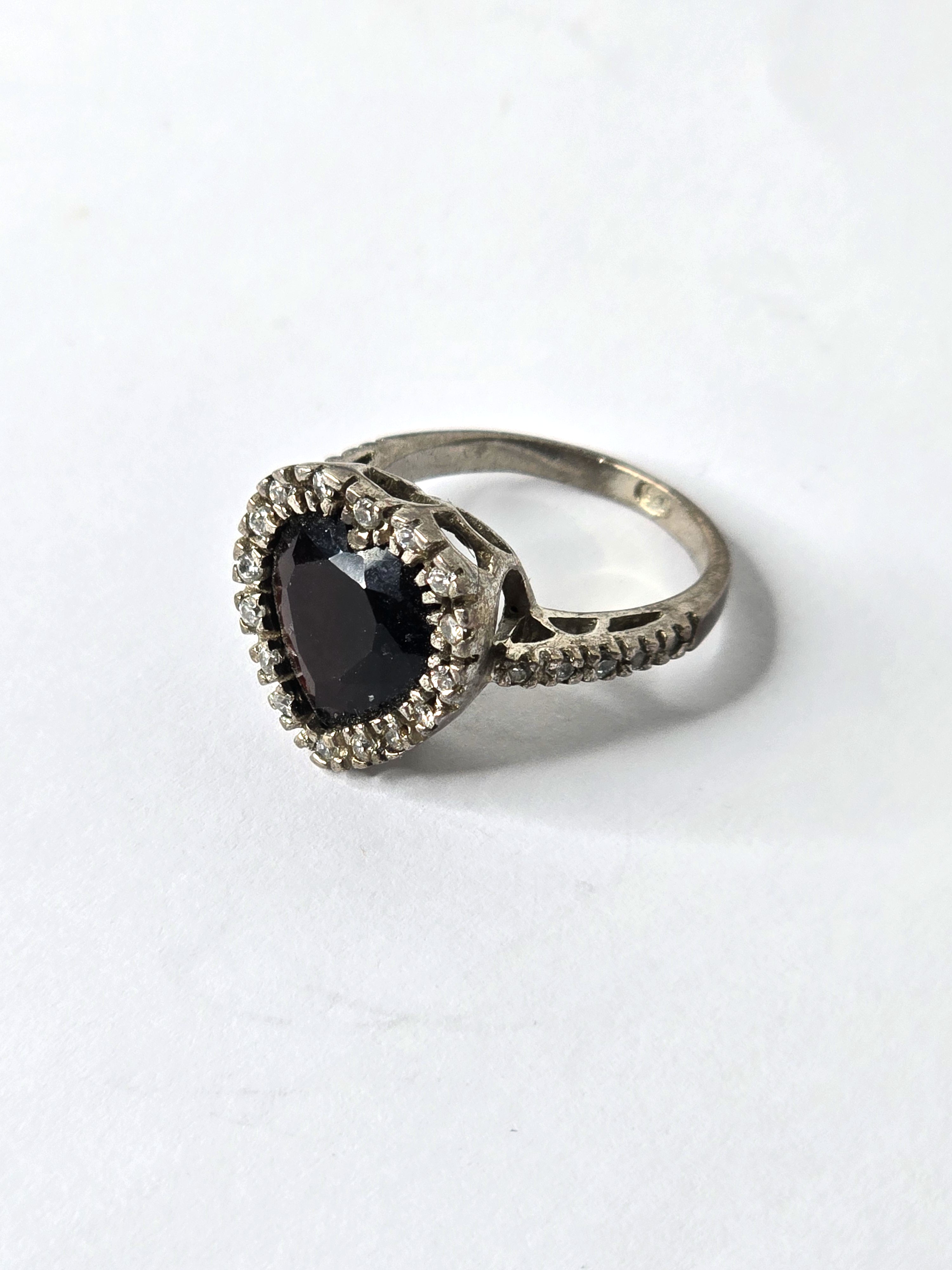 Heart Shaped Cognac Mali Garnet Ring Sterling Silver with Real Diamond Clusters
