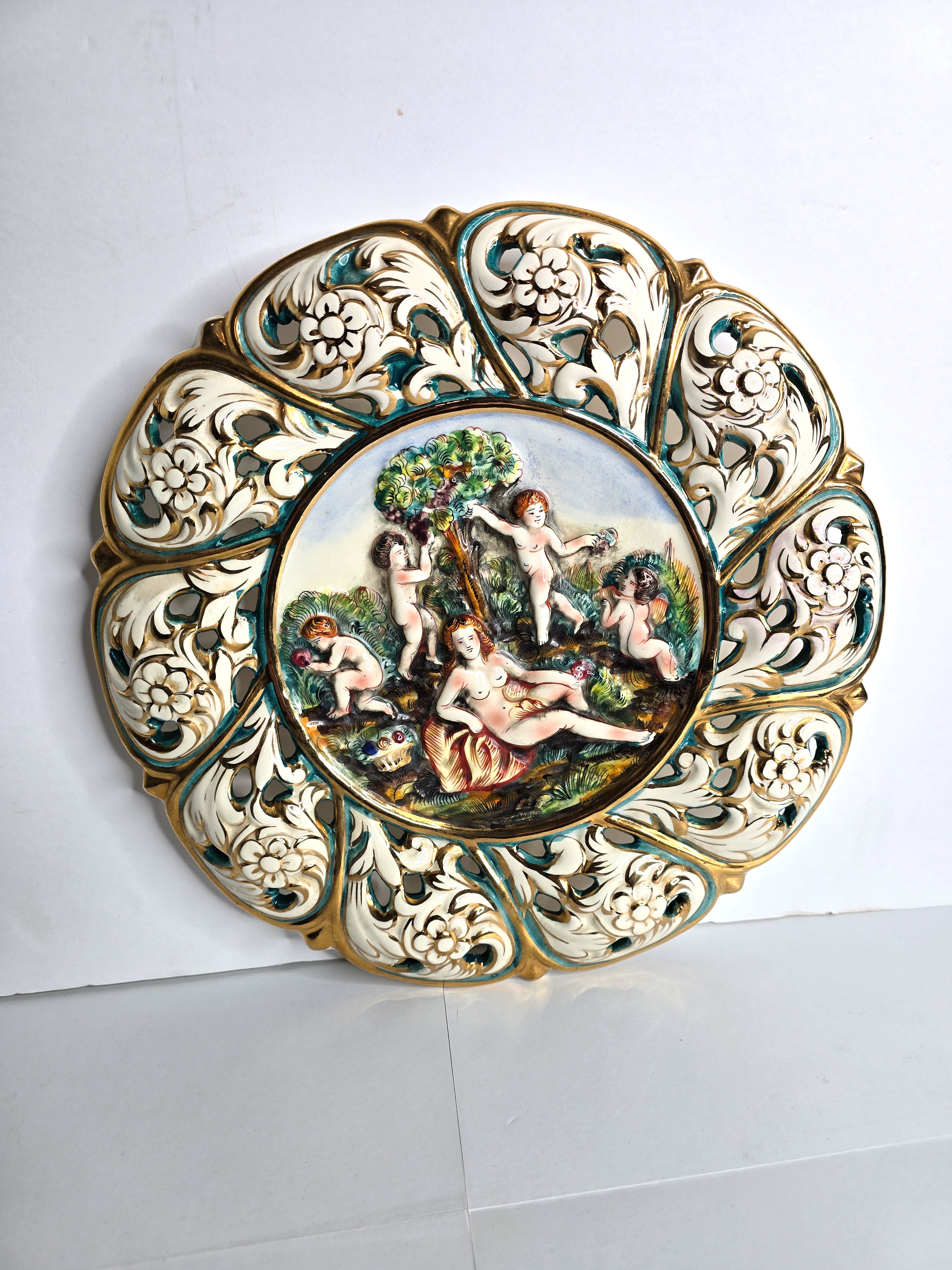 Italian Art Capodimonte Hand Painted Plate with 18k Gold Trim