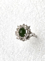 Vintage Ring Jade with Diamond Clusters Silver Plated