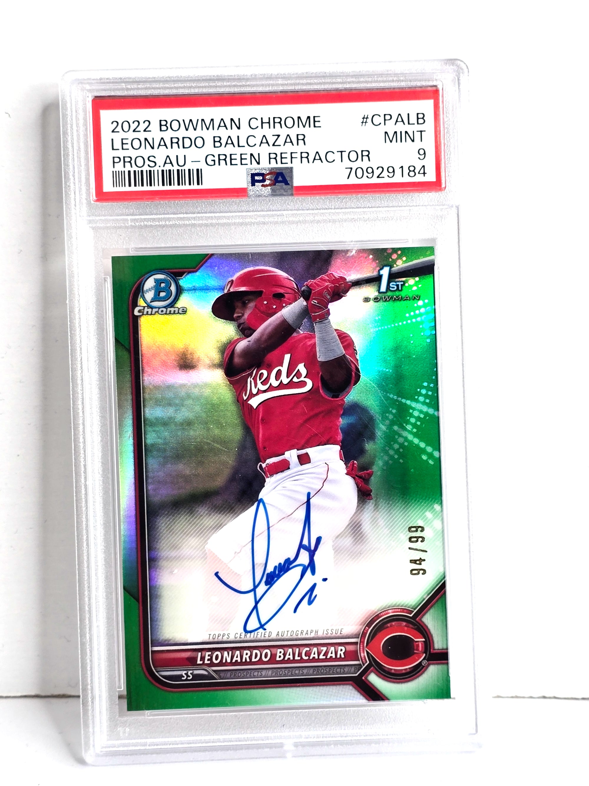 Leonardo Balcazar Autograph Baseball Card 2022 Topps Bowman Chrome Green Refractor No. CPA-LB Graded PSA Mint