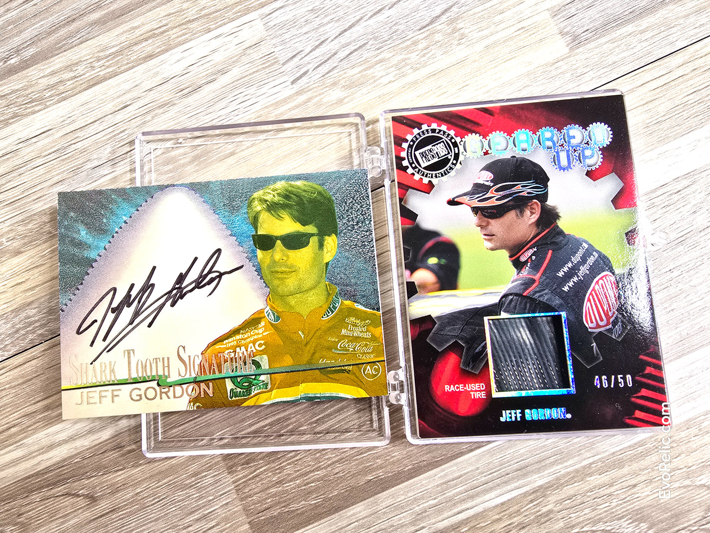 Jeff Gordon Autograph plus NASCAR Race Used Tire Bundle 1997 Wheels Shark Tooth Auto 397/400 | 2021 Panini Relic 46/50 Limited Edition Auto Racing Memorabilia Lot