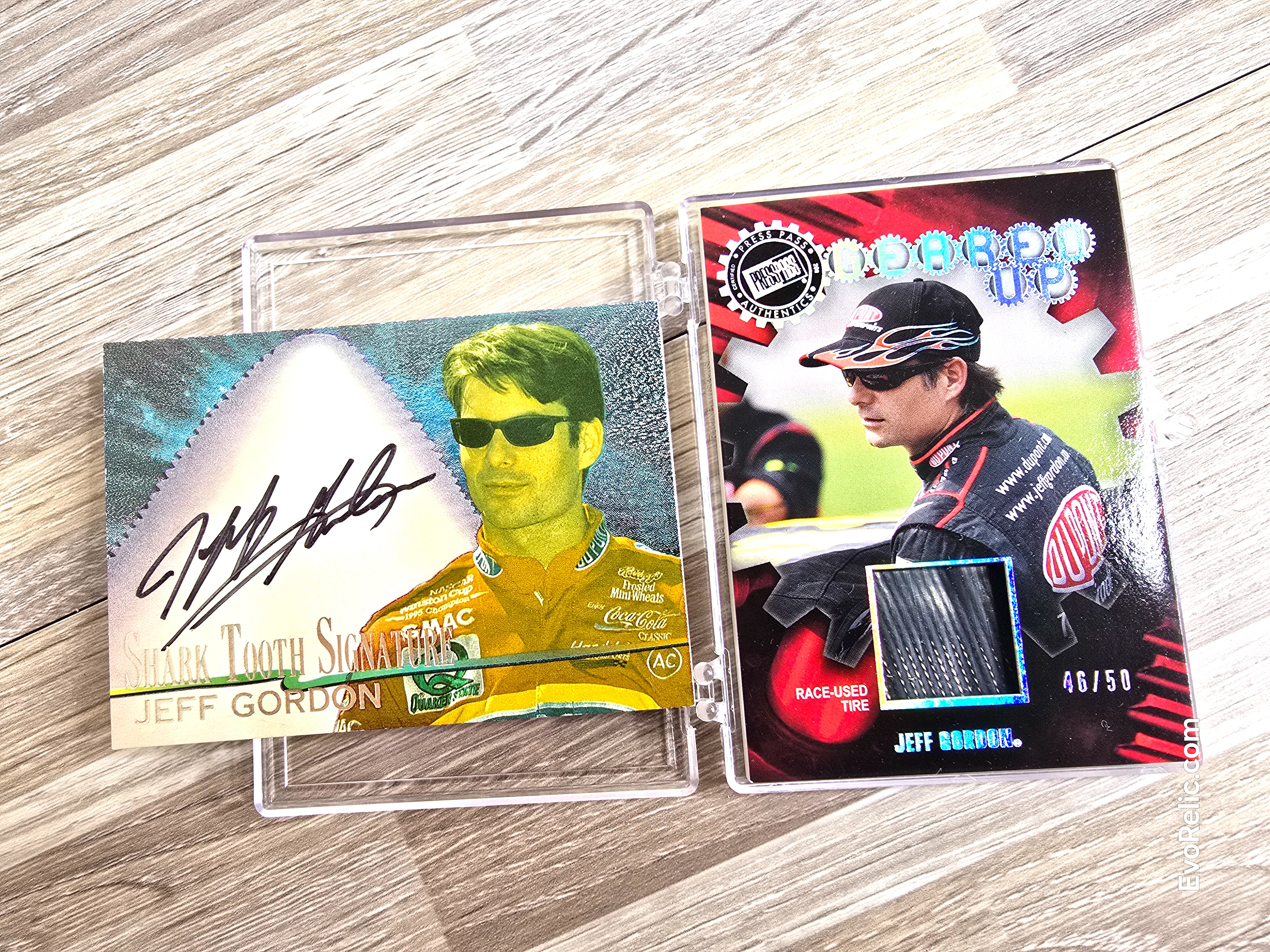 Jeff Gordon Autograph plus NASCAR Race Used Tire Bundle 1997 Wheels Shark Tooth Auto 397/400 | 2021 Panini Relic 46/50 Limited Edition Auto Racing Memorabilia Lot