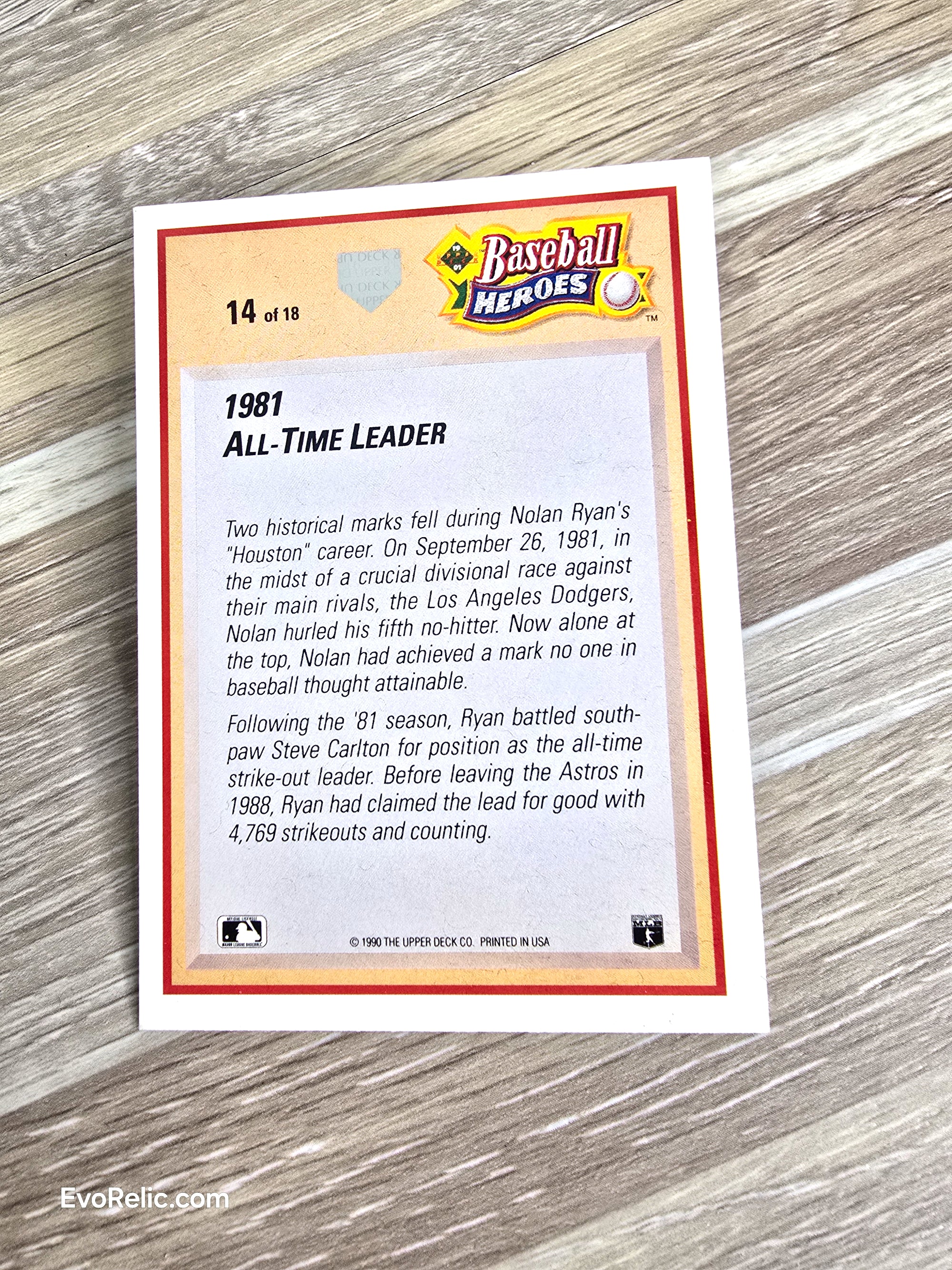 Nolan Ryan Astros Baseball Card All-Time Leader 1990 Upper Deck No 14/18