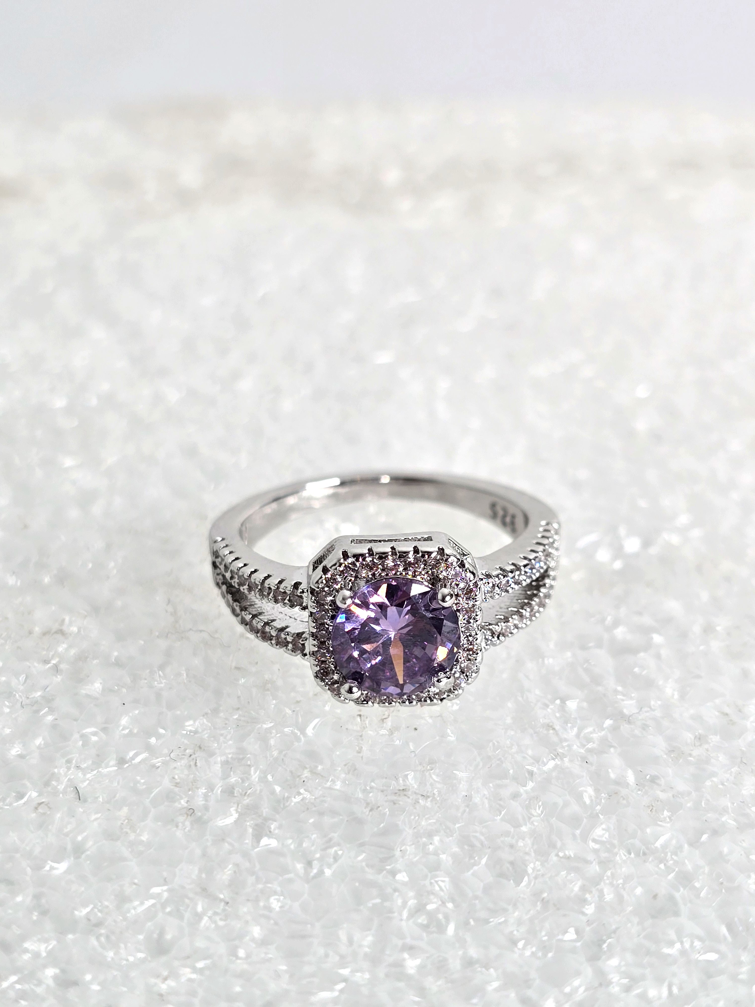 Purple Amethyst Gemstone with Diamond Clusters Sterling Silver Ring