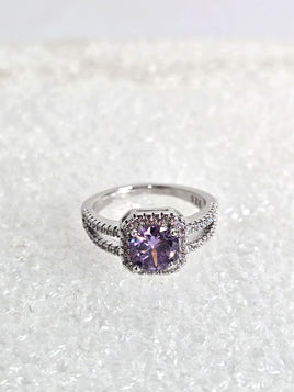 Purple Amethyst Gemstone with Diamond Clusters Sterling Silver Ring