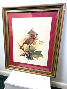 R J McDonald Red Cardinal Bird Signed Print Matted Framed