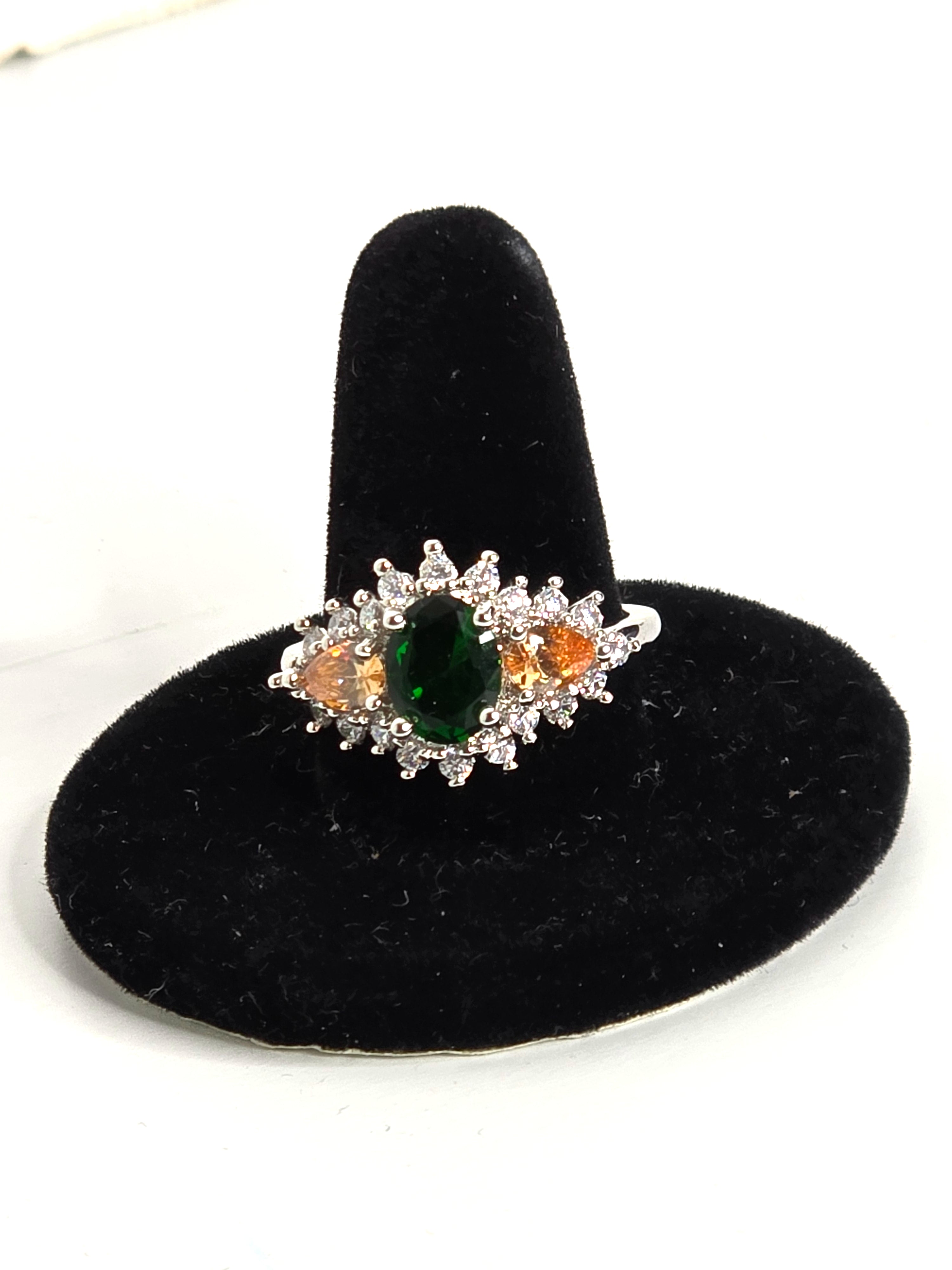 Sterling Silver Ring Emerald Green Citrine CZ Clusters Size 9.5