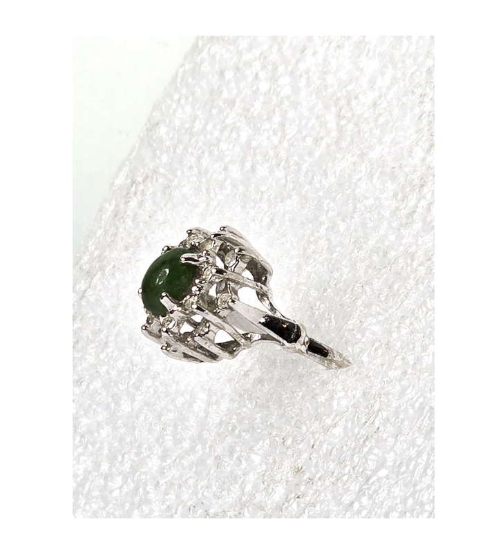 Vintage Ring Jade with Diamond Clusters Silver Plated