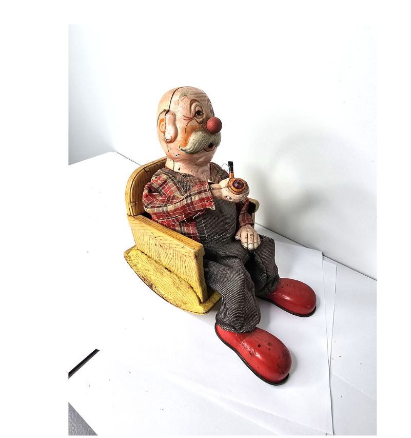 1950s Tin Toy Grandpa Smoking Pipe in Rocking Chair