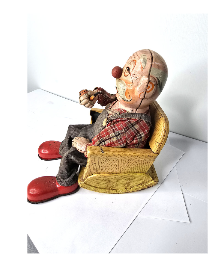 1950s Tin Toy Grandpa Smoking Pipe in Rocking Chair
