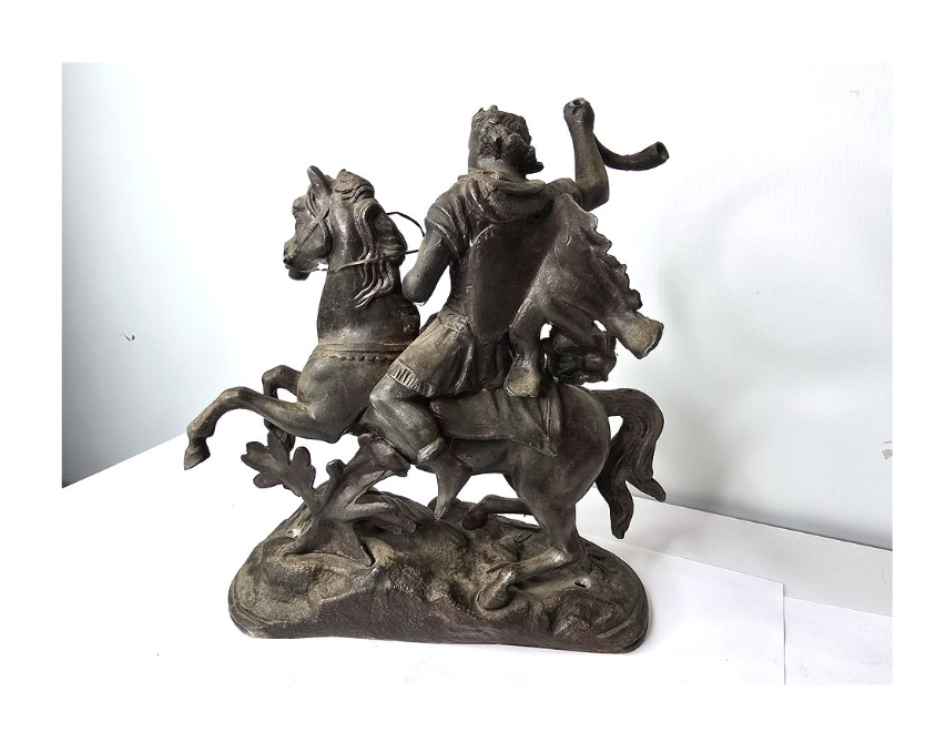 Antique Spanish Conquistador Statue Metal with Sword Lion Cape