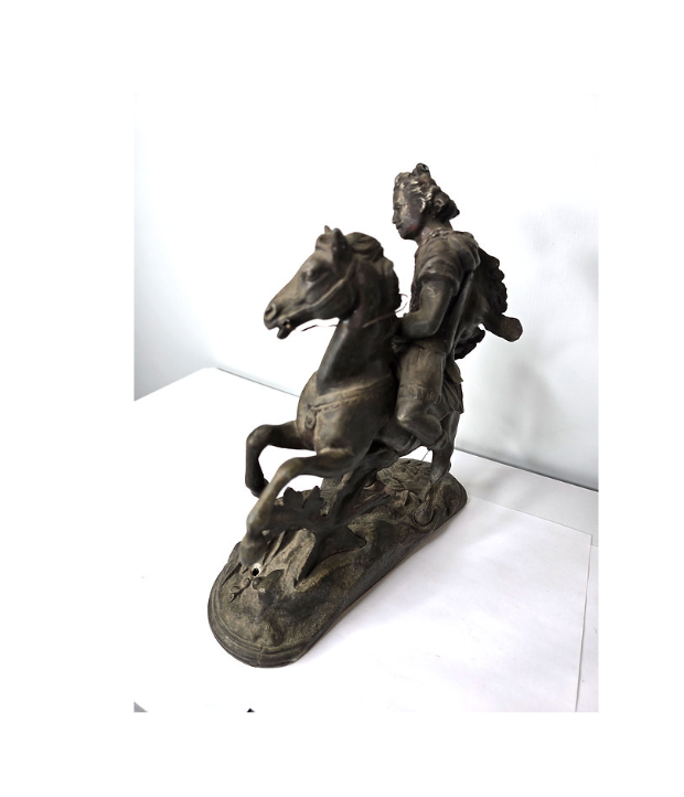 Antique Spanish Conquistador Statue Metal with Sword Lion Cape